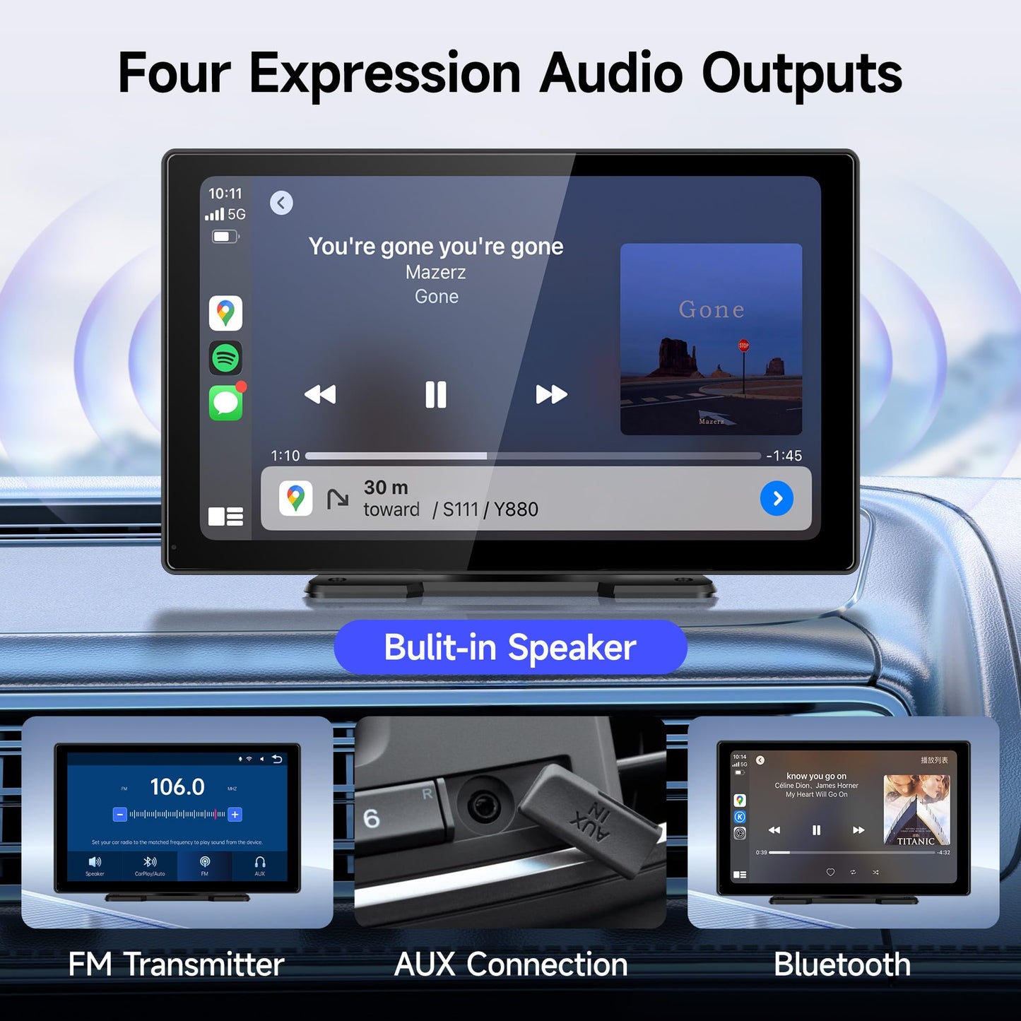 Wireless CarPlay Screen for Car, 9" Portable CarPlay & Android Auto Car Stereo Touchscreen, with 4K Dash Cam 1080P Rear Camera, Bluetooth, GPS Navigation, FM, Siri, Mirror Link