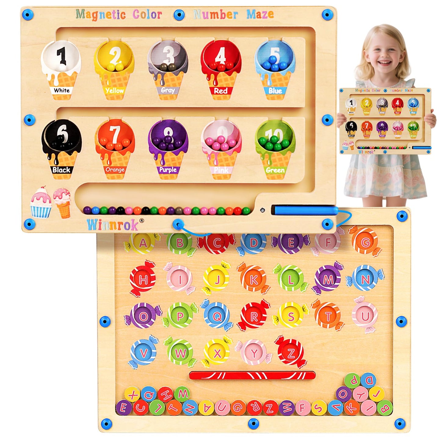 2 in 1 Double Side Magnetic Color Number Alphabet Maze Board, Montessori Toys 1-3 3-5 Year Old, Wood Educational Puzzle Learning Counting Matching Toy, Gifts for Toddler Kid Girls Boys 3 4 5
