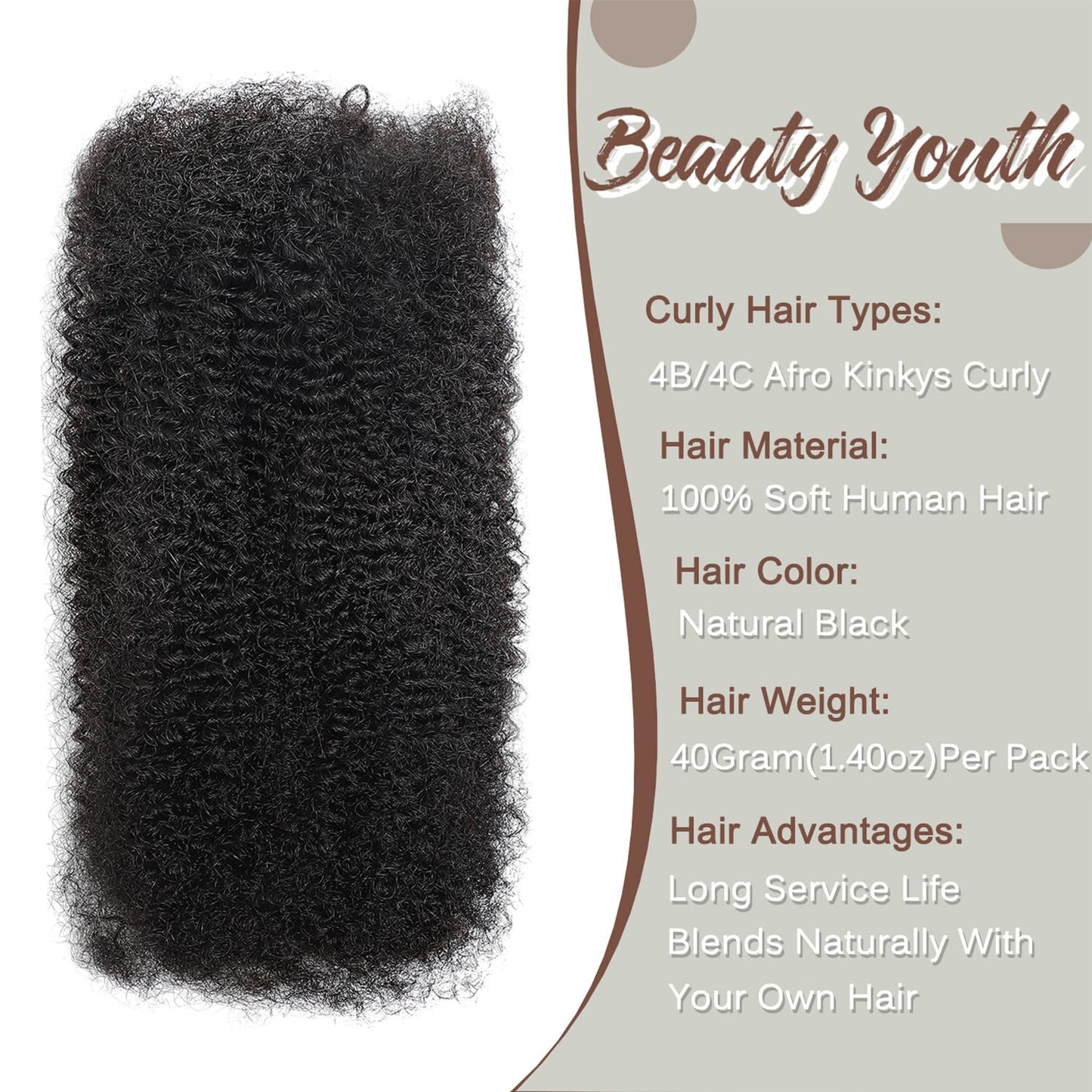 Afro Kinkys Bulk Human Hair(24 Inch) 40g/Pack, Braiding Human Hair for Twists, Loc Repair, Dreadlocks Extension, Natural Black