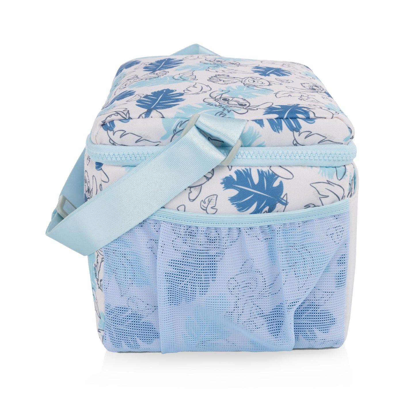 PICNIC TIME Disney Lilo & Stitch Modern Lunch Cooler, Insulated Lunch Box for Work, Travel, and Outdoor Use, Waterproof Cooler Bag with Adjustable Strap and Mesh Pockets, (White with Blue Leaf Design)