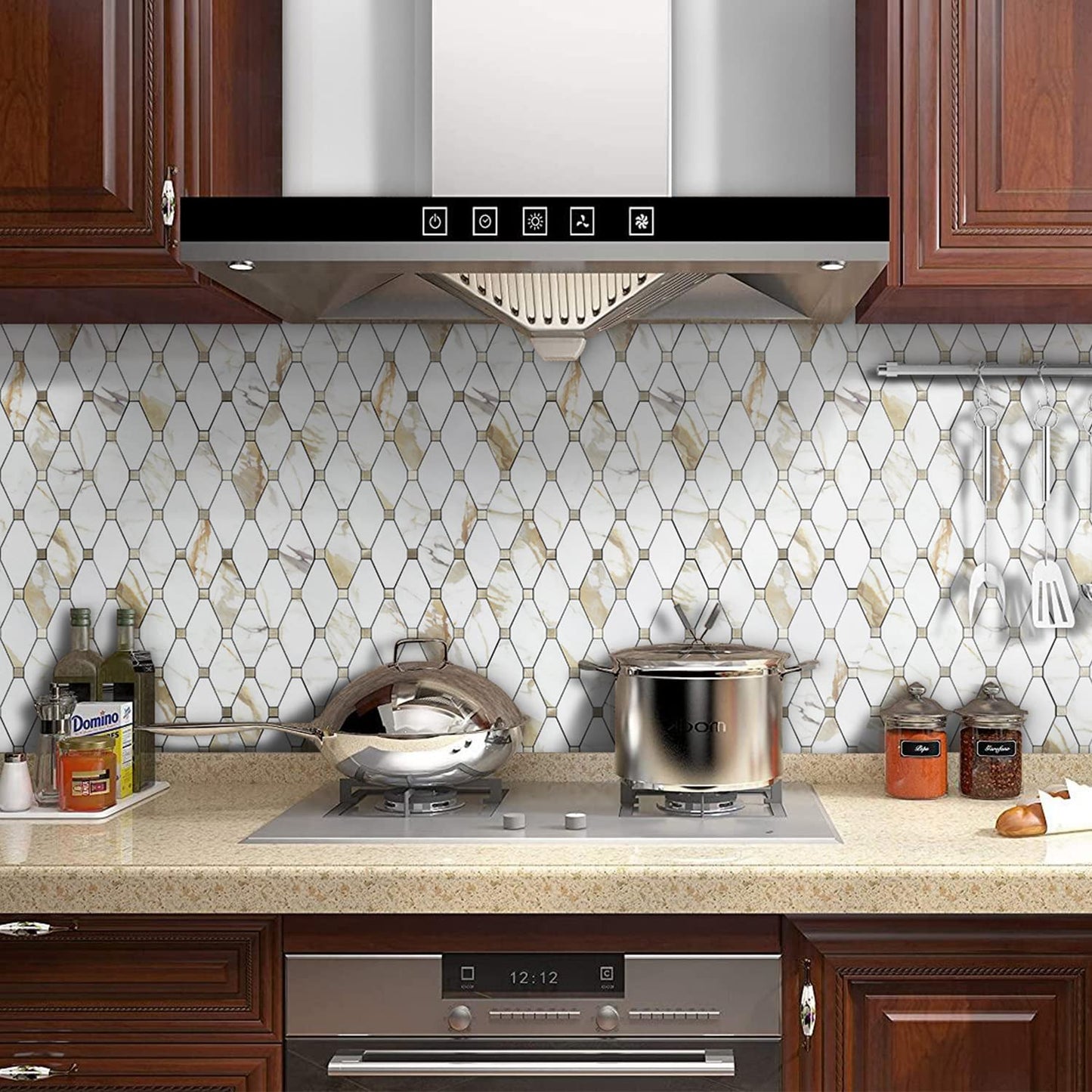 STICKGOO 10 Sheets Peel and Stick Backsplash, Calacatta Golden Stick on Aluminum Composite Tiles Stikers, Self Adhesive Mixed Metal Backsplash for Kitchen, Bathroom, Fireplace, RV