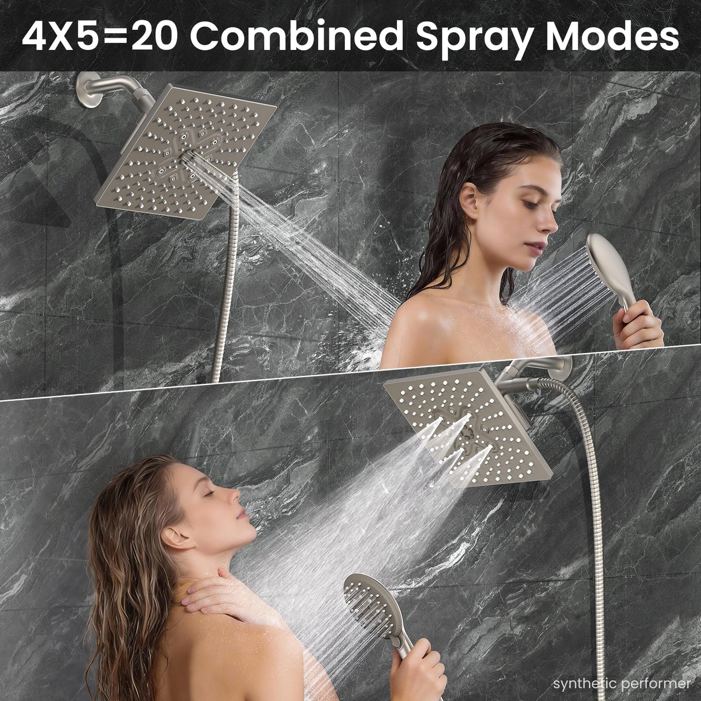 Veken High Pressure Rain Shower Head with Multi-Functions, Square Rainfall Shower Heads with 5-Mode Handheld Spray Combo, Detachable Hand Held Showerhead with Hose, Double Regaderas Para,Starlight