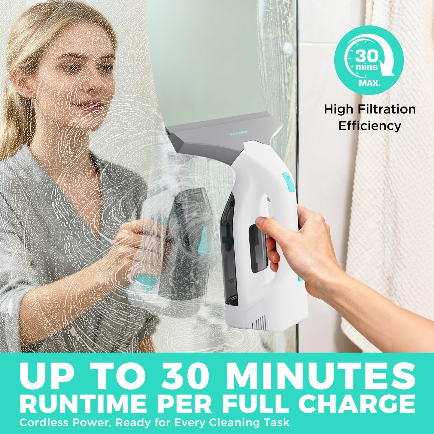 HAUSHOF Electric Window Vacuum Squeegee 11", Vacuum Squeegee Cordless Cleaner Tool Set, Window Vac with 300ml Spray Bottle & 100ml Water Tank for Mirror, Countertop, Showers
