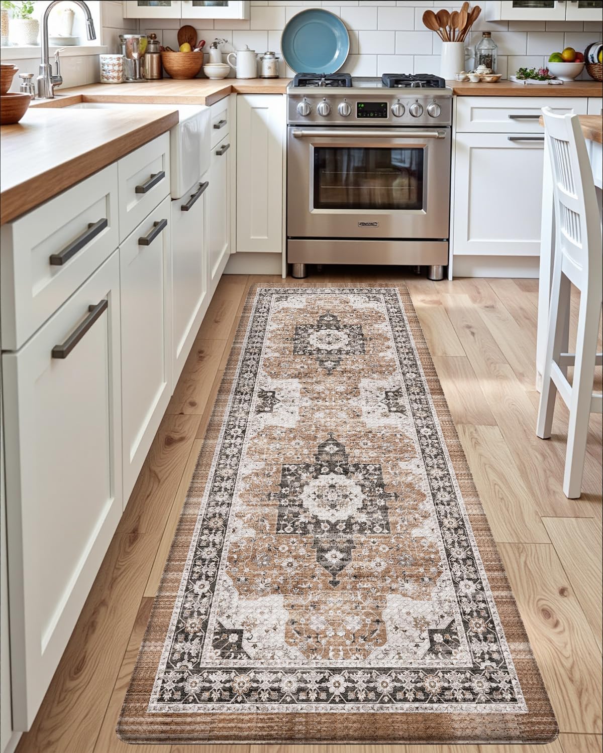 DEXI Kitchen Floor Mats Cushioned Anti Fatigue, 23x86 Long Wide Standing Comfort Runner Rug, Waterproof Retro Floral Memory Foam Padded for Front Sink Laundry, Brown/White