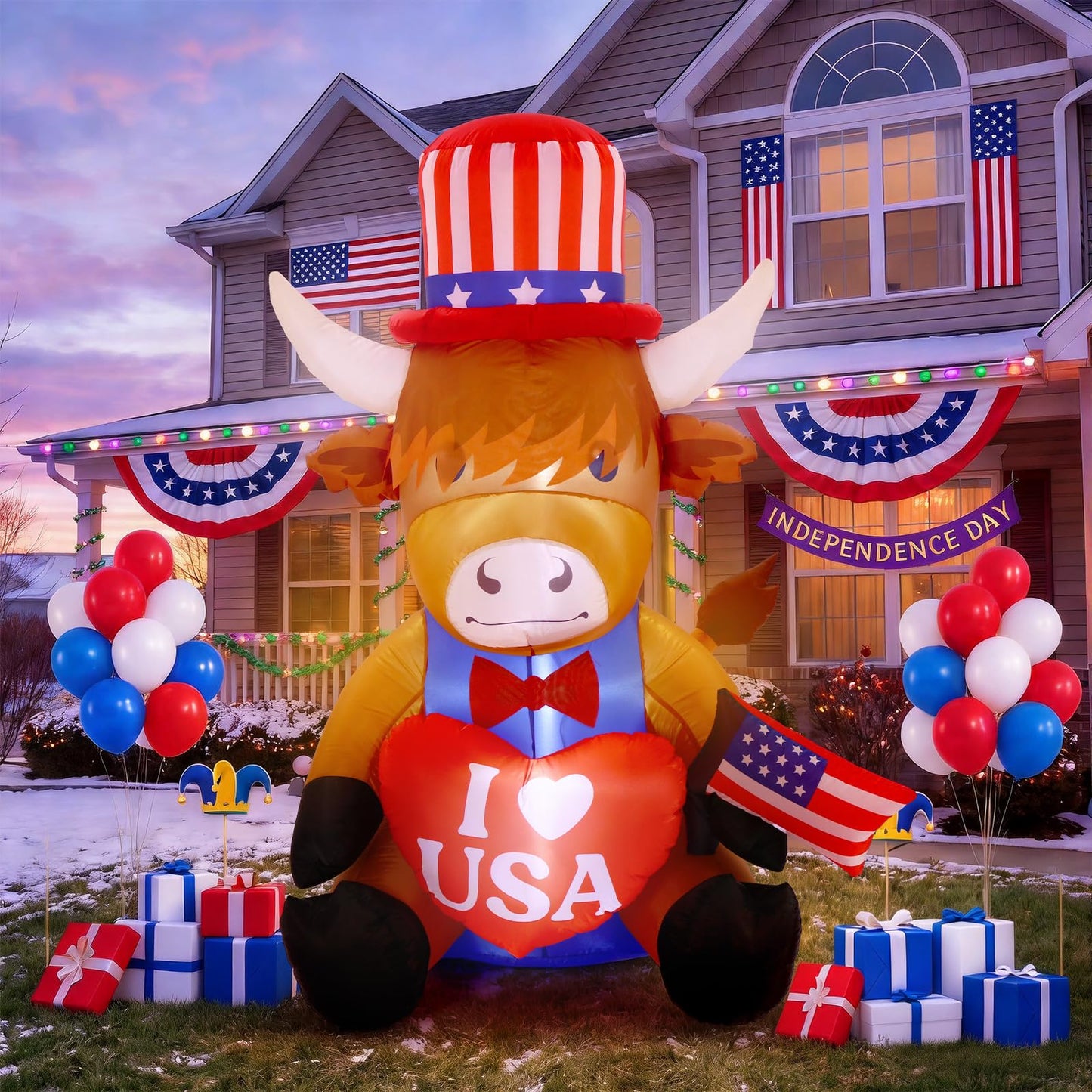 Sosation 5ft USA Patriotic Inflatable Highland Cow 250th Anniversary with LED Lights Memorial Day Red White Blue Blow up Lighted Yard Decor for 4th of July Holiday Indoor Outdoor Lawn Garden Party