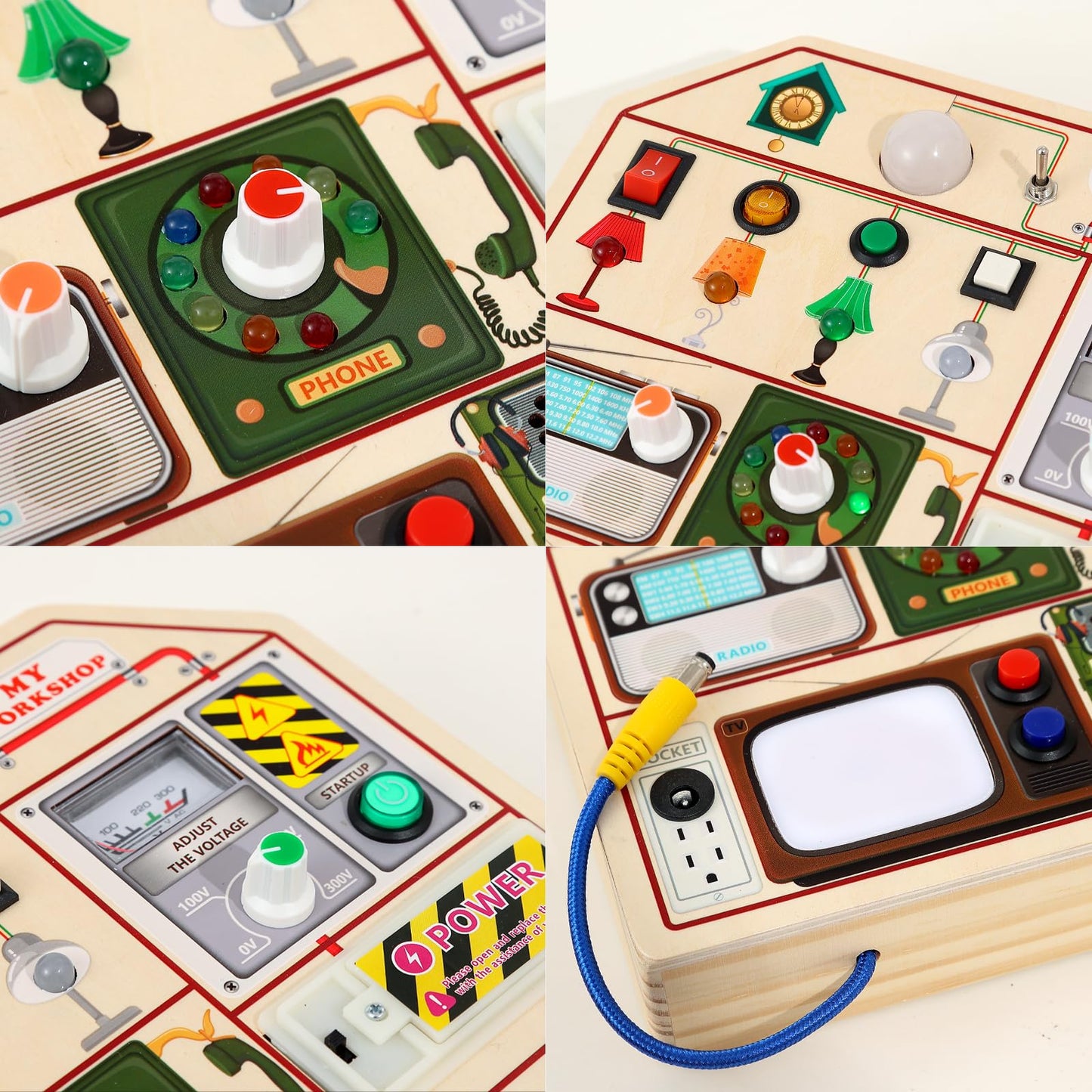 Montessori Wooden Busy Board for Toddlers 1 2 3 Years Old, Wooden Sensory Toddler Toys with LED Light Switches, TV Radio Telegram and Car Driving, Travel Toys Birthday for Boys Girls
