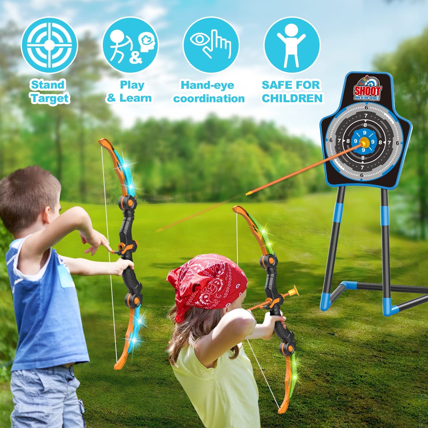 SpringFlower 2 Bow and Arrow Sets with LED Light-up,2 Foam Dart Guns for Kids 5 6 7 8 9 10+ Years Old, Archery Set with Standing Target for Boys & Girl, for Kids