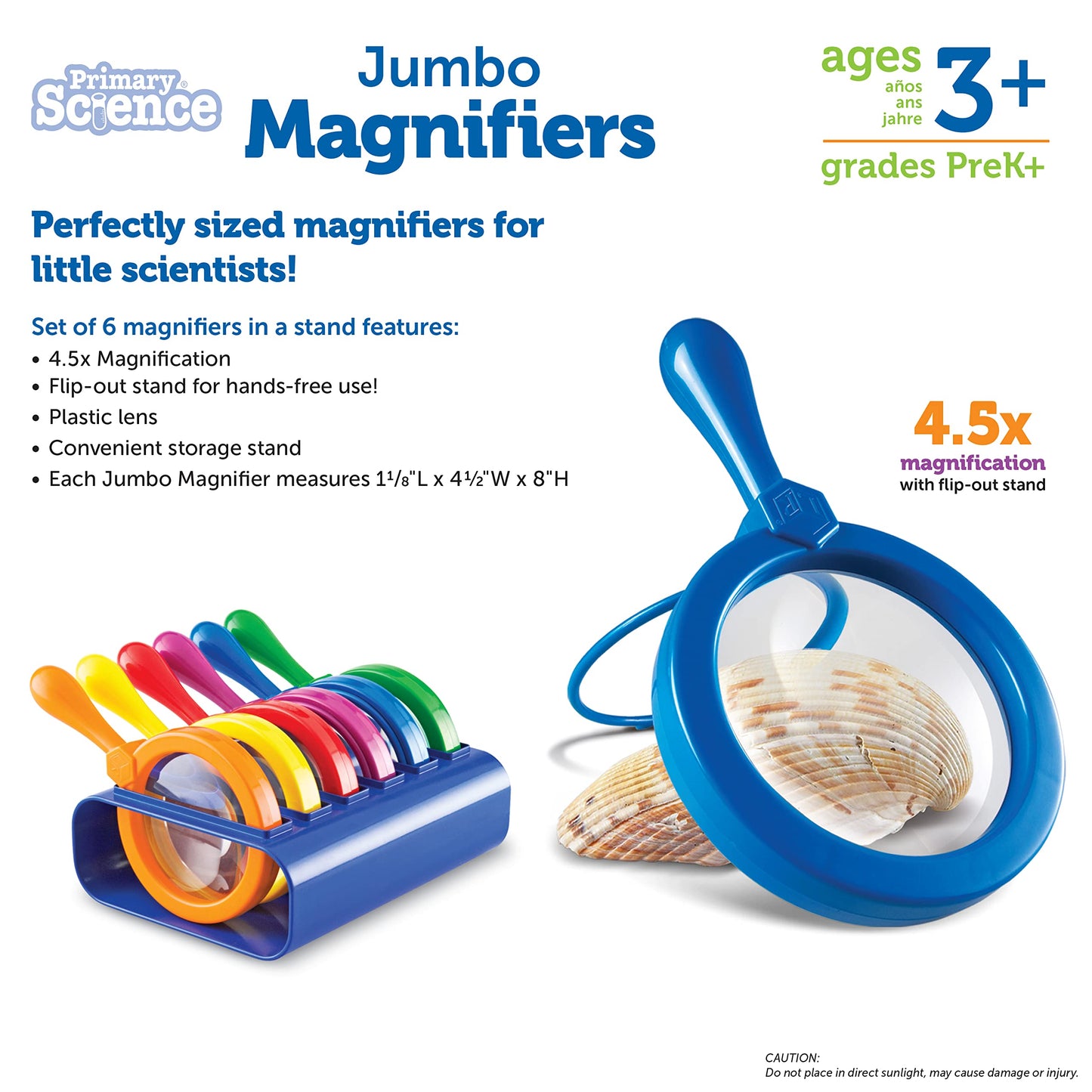 Learning Resources Primary Science Jumbo Magnifiers with Stand - 6 Pieces, Ages 3+, Science Classroom Accessories, Teacher Supplies, Observation Toys for Kids, Back to School Supplies
