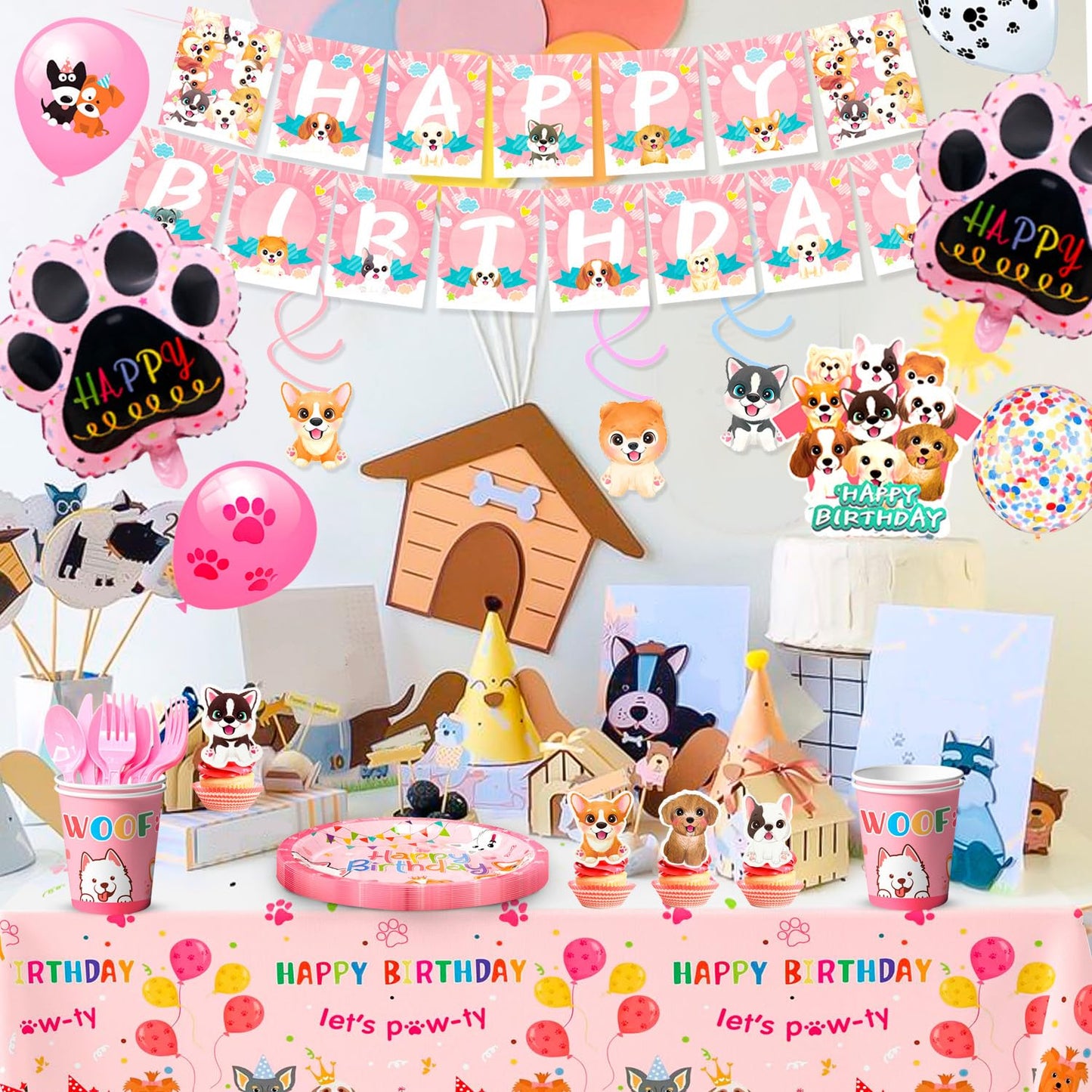 Pink Puppy Birthday Decorations Tableware for 16 Guests, Pink Puppy Plates Cups Napkins Dog Party Banner Balloons Cupcake Toppers etc Dog Birthday Party Supplies