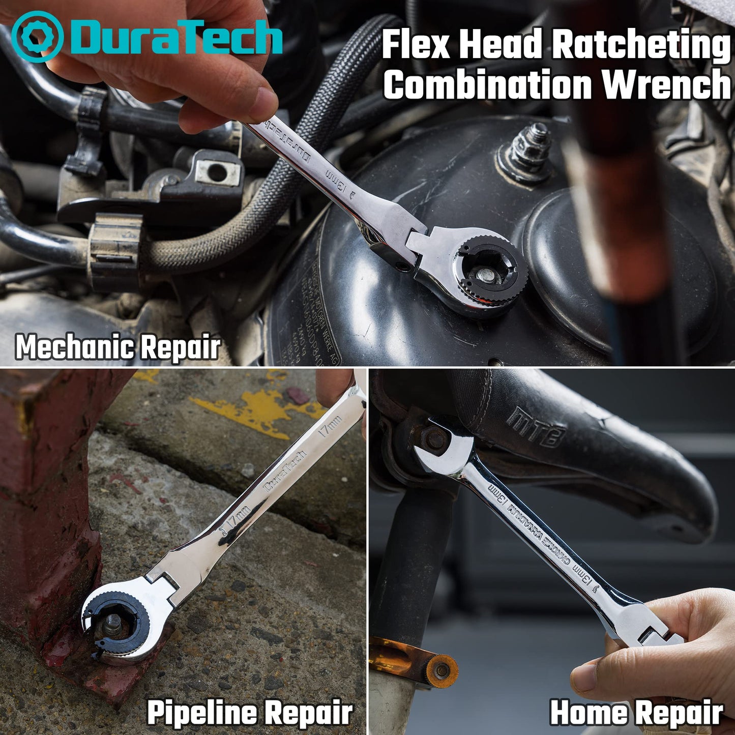 DURATECH 6-Piece Ratcheting Wrench Set with Open Flex-head, Metric Ratcheting Tubing Wrench Set, 10-17mm, 72-Tooth Gear, CR-V Steel, with Organizer Bag, Gifts for Men