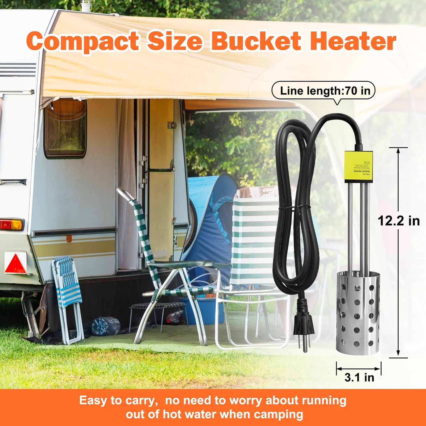 1500W UL-Listed Bucket Heater, Rust Proof Built in Temperature Controller Immersion Water Heater, Heats 5 Gallons of Water in Minutes with Auto Shutoff, for Home Outdoor Camping and Winter Job