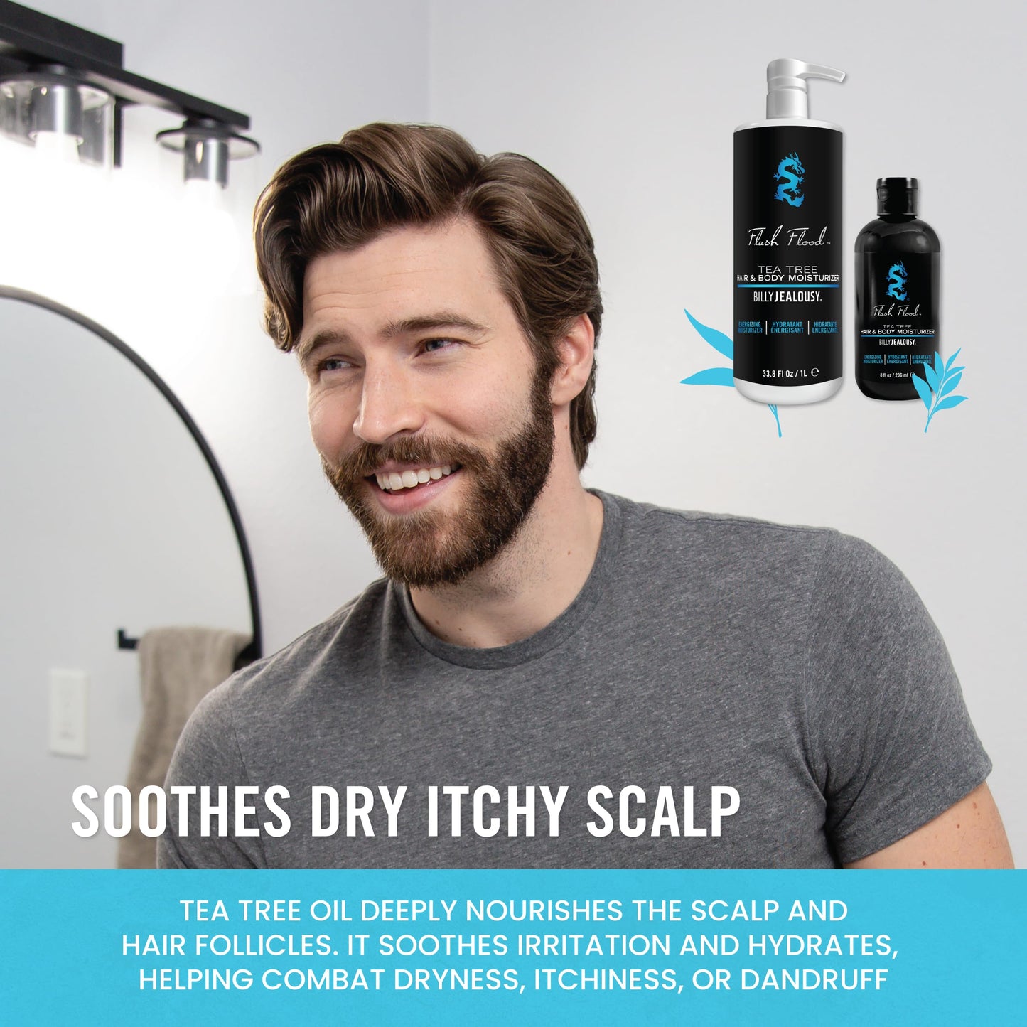 Billy Jealousy Flash Flood Tea Tree Hair & Body Moisturizer Ideal for All Hair & Skin Types with Tea Tree, Lavender and Peppermint, 33.8 Fl Oz