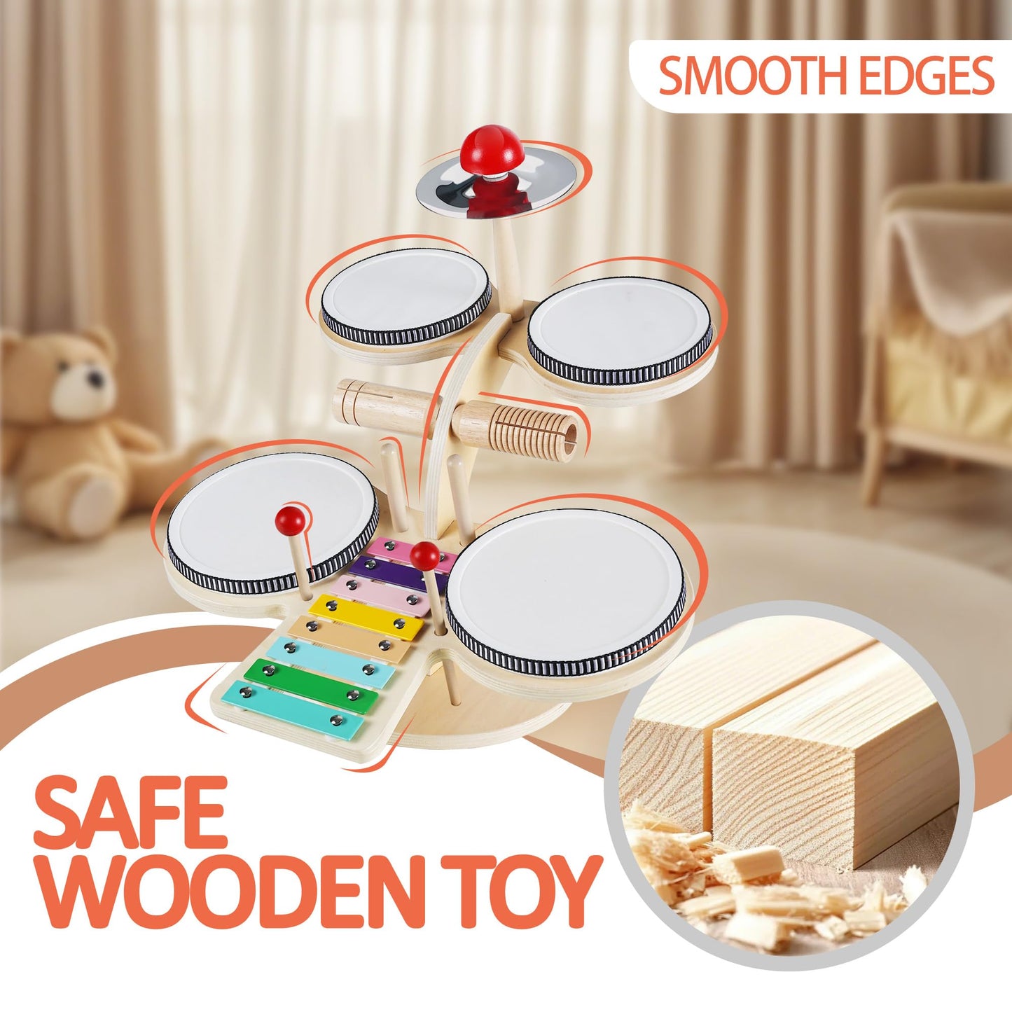 iPlay, iLearn Toddler Wooden Drum Set, Kids Musical Instruments Toy, 8 in 1 Percussion Drum Kit W/Xylophone Cymbal, Baby Montessori Learning Birthday Gifts for 18 Month, 2 3 4 5 6 Year Old Boy Girl