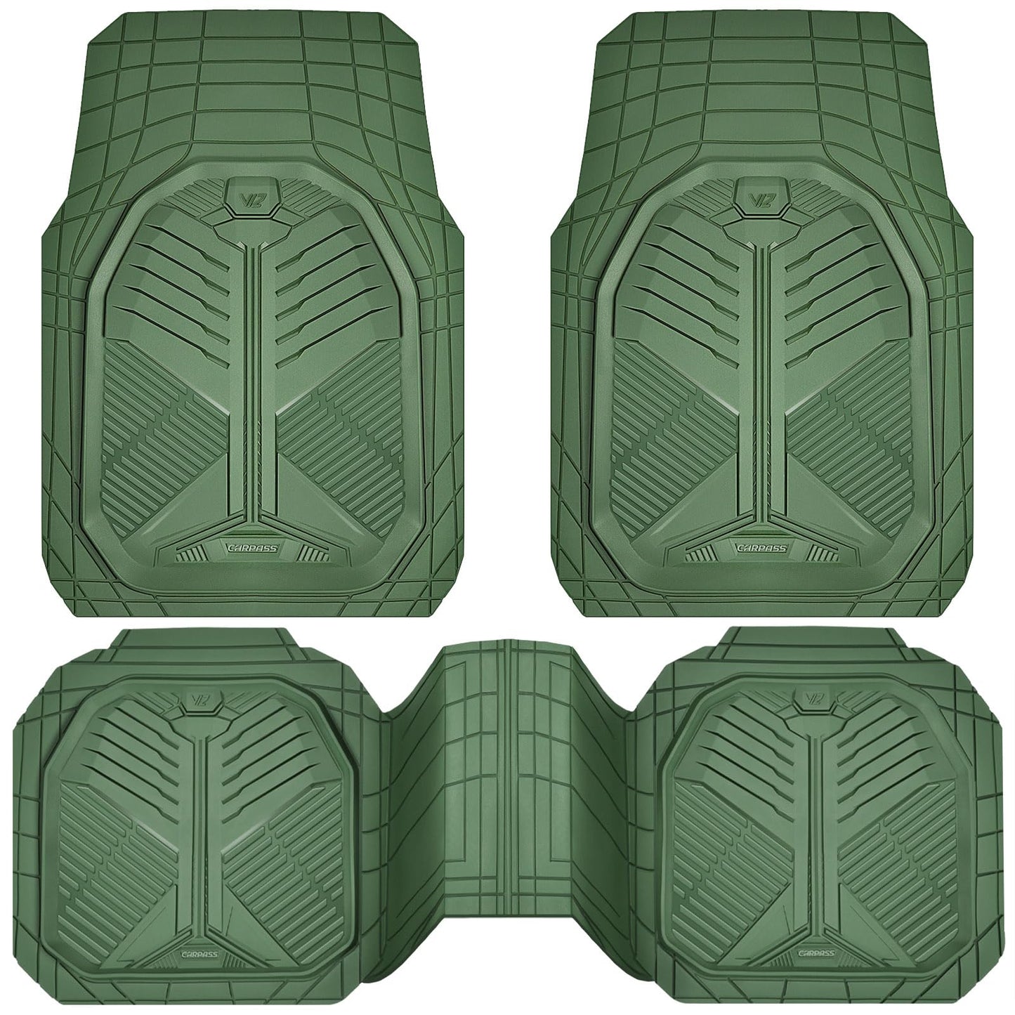 CAR PASS Heavy Duty Rubber Car Mats, Deepdish All Weather Floor Mats for Car Full Set, Universal Automotive Mats Trim to Fit for Sedans SUVs Trucks, Waterproof Anti-Slip Deep Tray 3 Pieces Olive Green