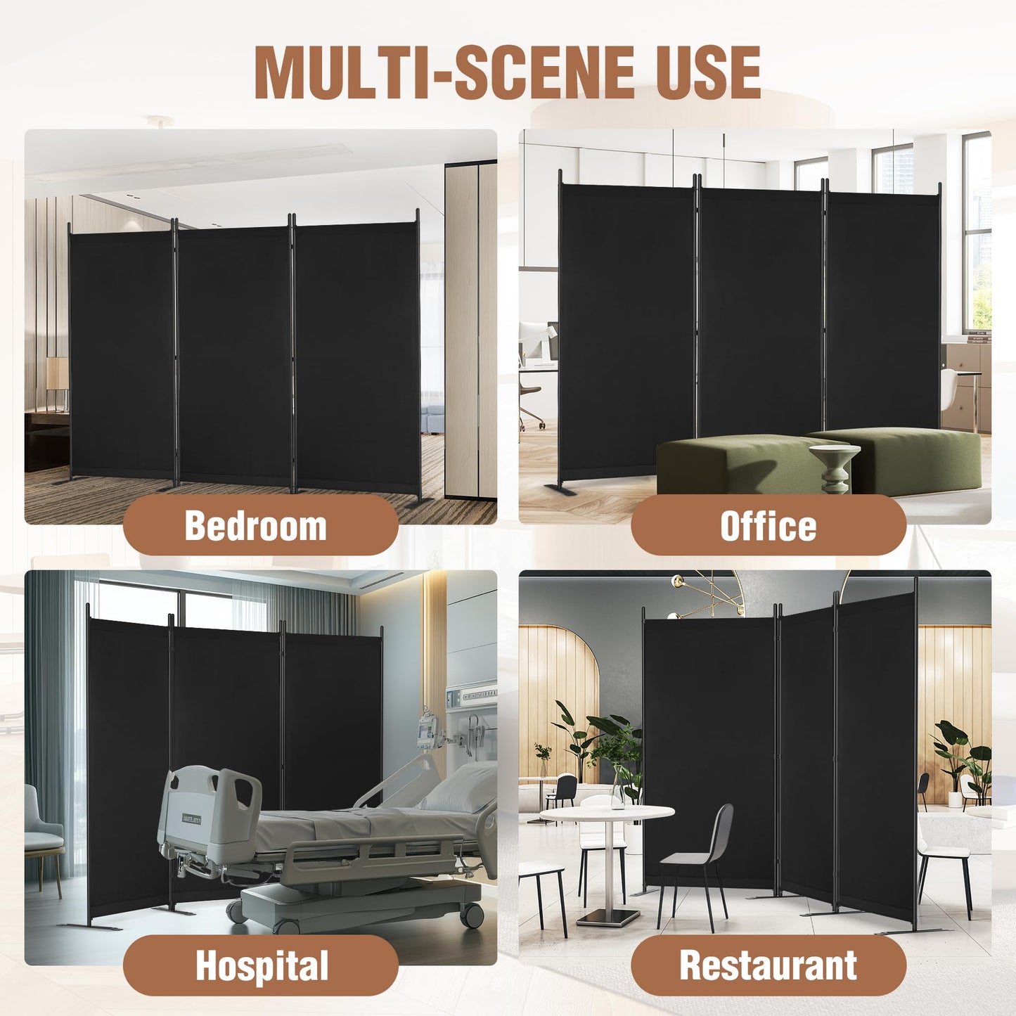 Yettsoy Room Divider 6FT Folding Privacy Partition Screen, 103'' W Freestanding Wall Divider for Room Separation, Portable 3 Panel Room Divider Panel Privacy Screen for Dorm Studio Office, Black