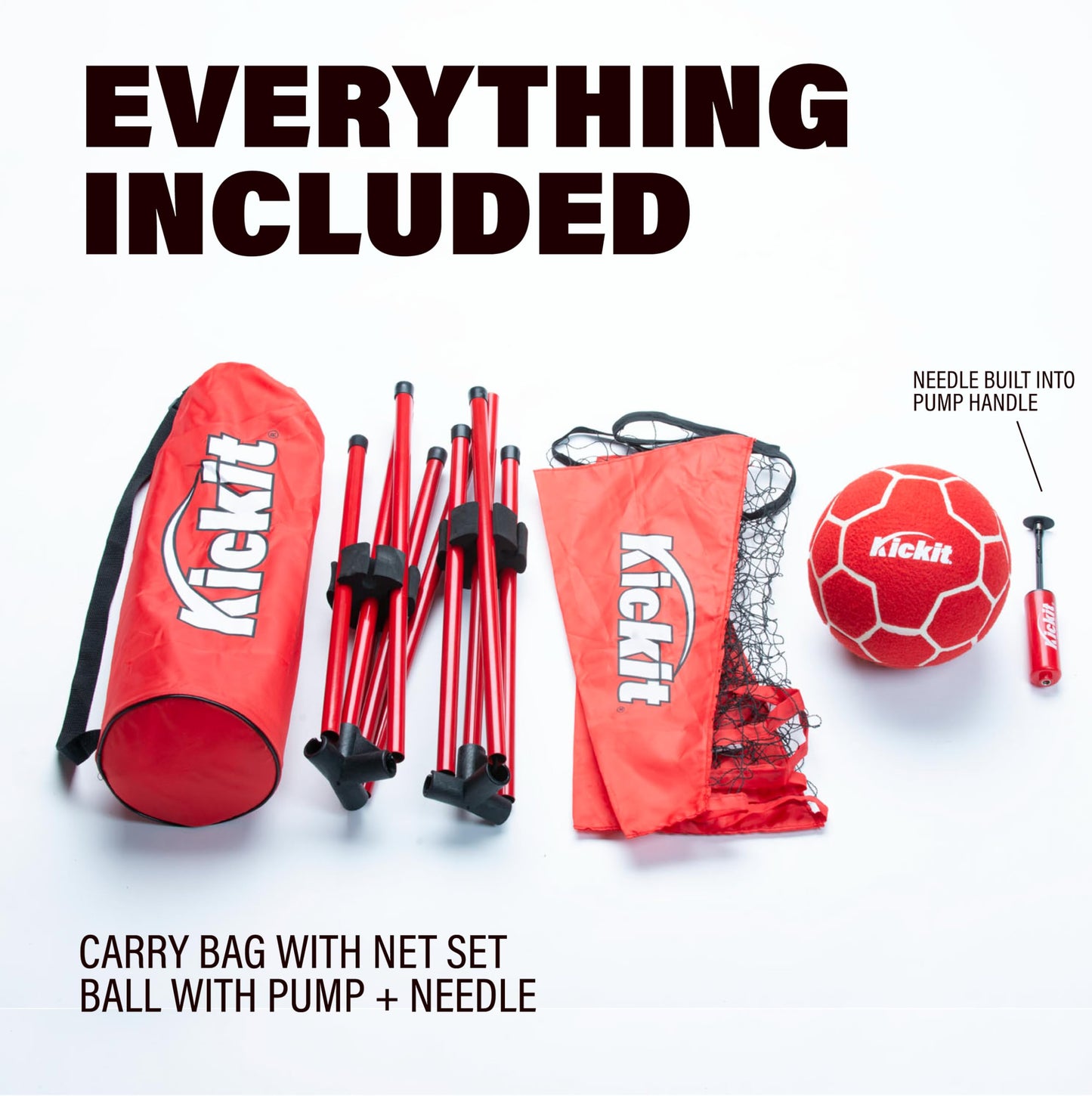 KickIt Soccer Tennis Game Set, Portable 6.5' Wide x 2' High Net with Soft Lightweight Ball, Red, Metal, Complete Skills Training, Outdoors Indoors Backyard Beach, Travel Friendly, Ages 7+