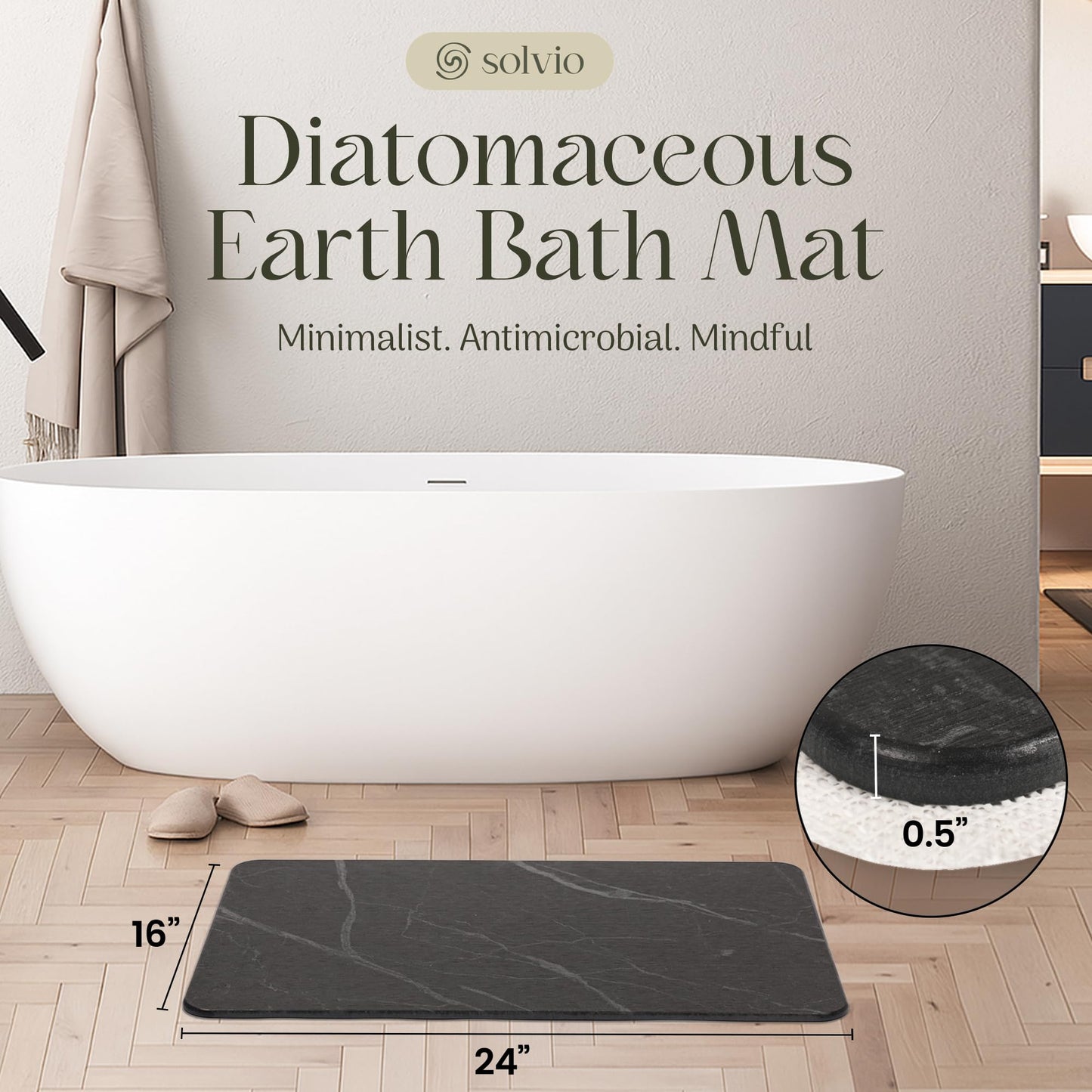 Solvio Quick Dry Shower Stone Bath Mat, Super Absorbent & Non-Slip 24 x 16 Inch Diatomaceous Earth Mat, Durable & Easy to Clean Diatomite Bath Mat for Bathroom Floor/Kitchen (Charcoal)