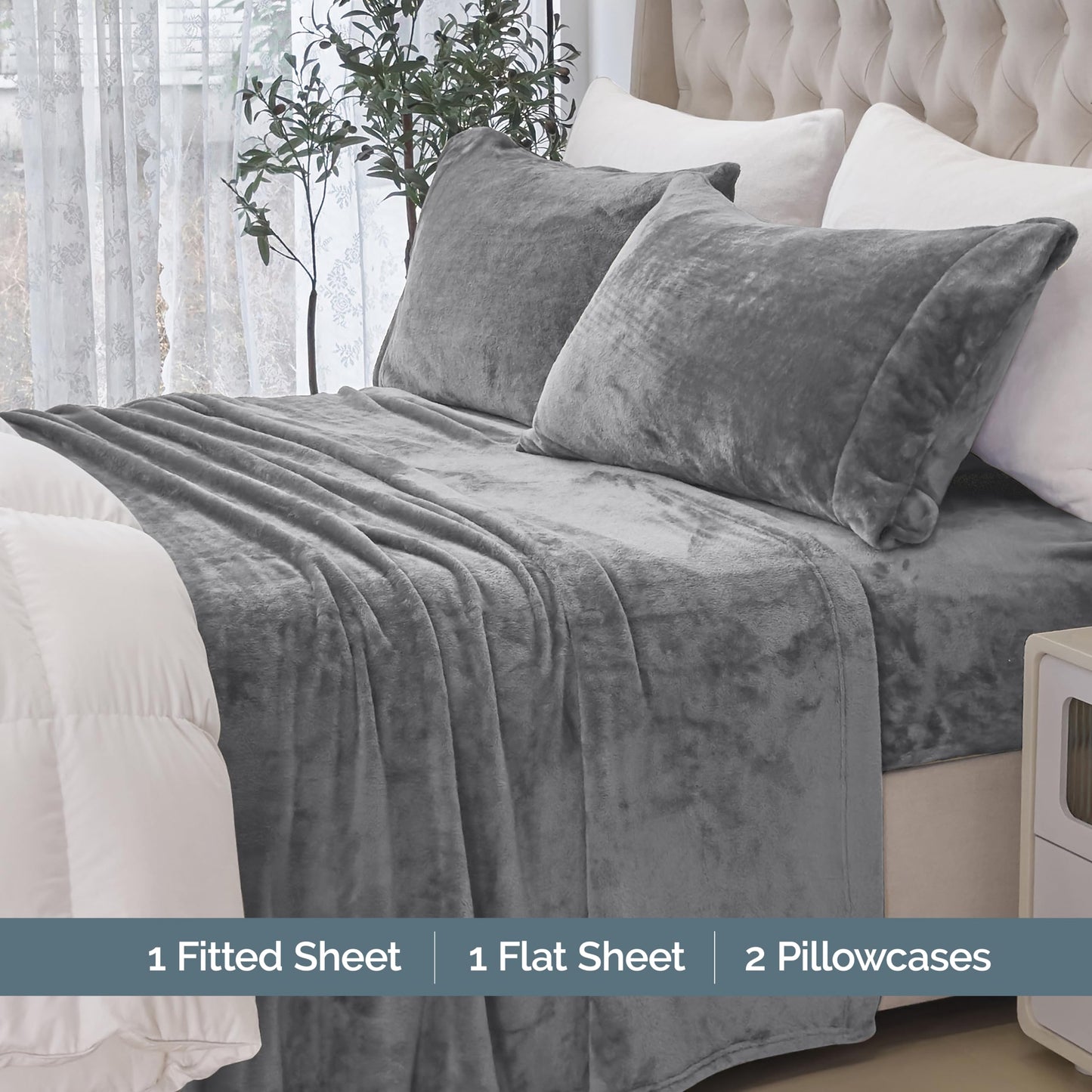 Elegant Comfort Luxuriously Soft 4-Piece Velvet Plush Flannel Sheet Set - Premium Quality - Cozy Warm, Anti-Static, Non Pilling Fuzzy Velvet Flannel Fleece Deep Pocket Sheet Set - Cal King, Gray