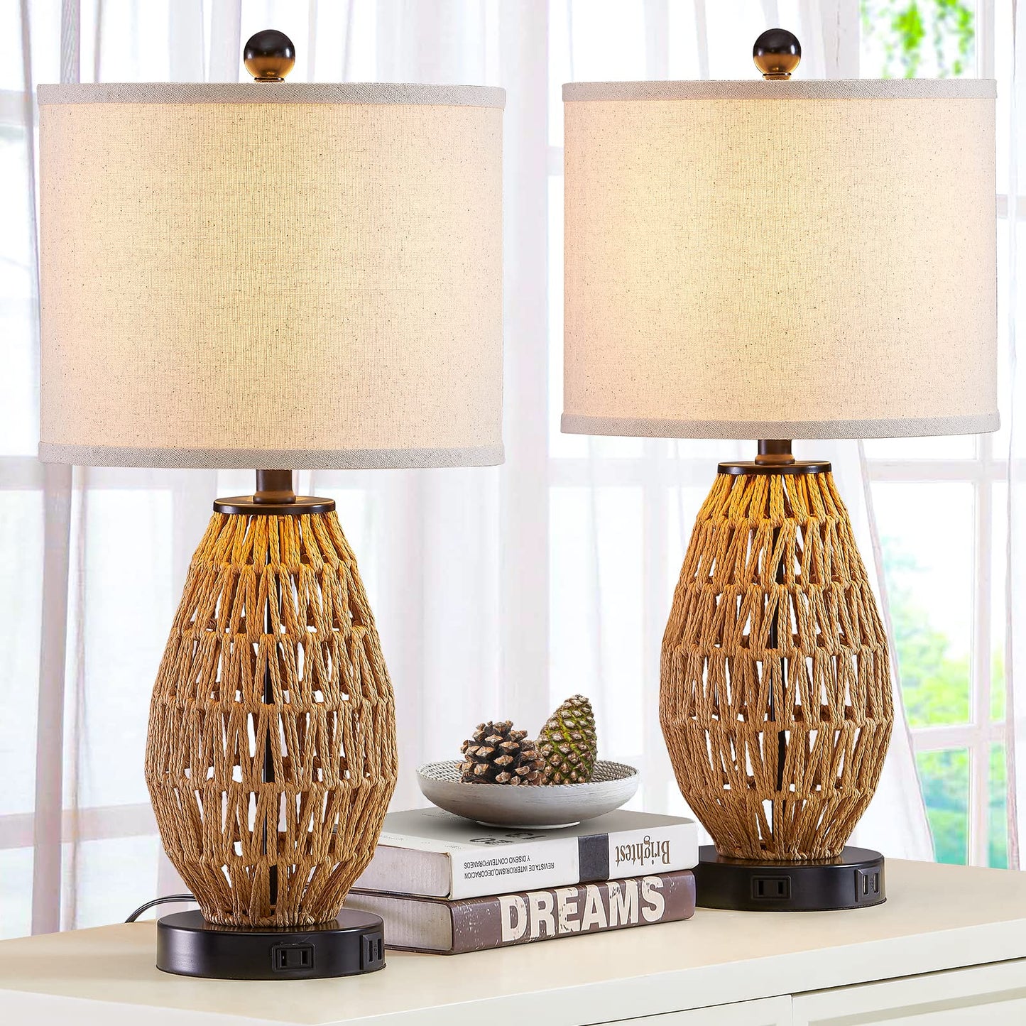 CINSARY Touch Control Rattan Table Lamps, 3 Way Dimmable Bedside Lamps for Bedroom Set of 2 with 2 USB Ports and AC Outlet, Wicker Nightstand Lamps for Living Room (LED Bulbs Included)