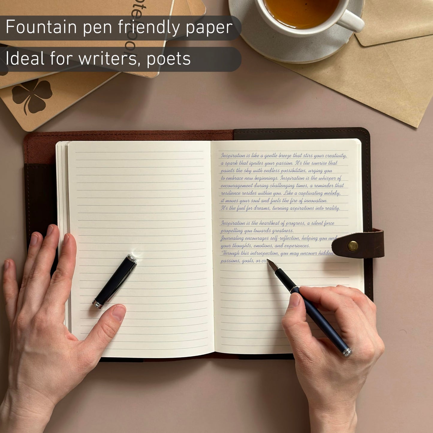 Le Vent Refillable Genuine Leather Journal, Writing Notebook, 2 Bound Notebooks, Lined and Blank, 200+200 Pages, A5 Cover, Handmade, for Poetry, Writers, Business, Work, Study, College, and Daily Notepad