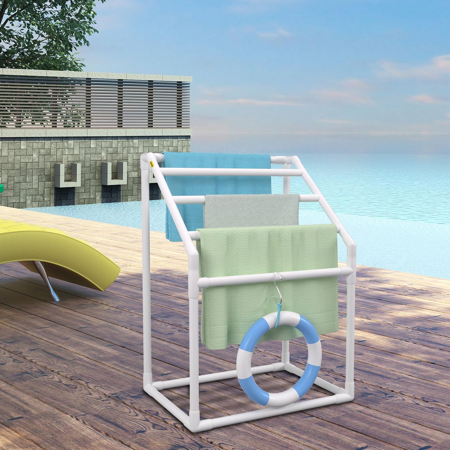 VEVOR Pool Towel Rack, 5 Bar, White, Freestanding Outdoor PVC Trapedozal Poolside Storage Organizer, Include 8 Towel Clips, Mesh Bag, Hook, Also Stores Floats and Paddles, for Beach, Swimming Pool
