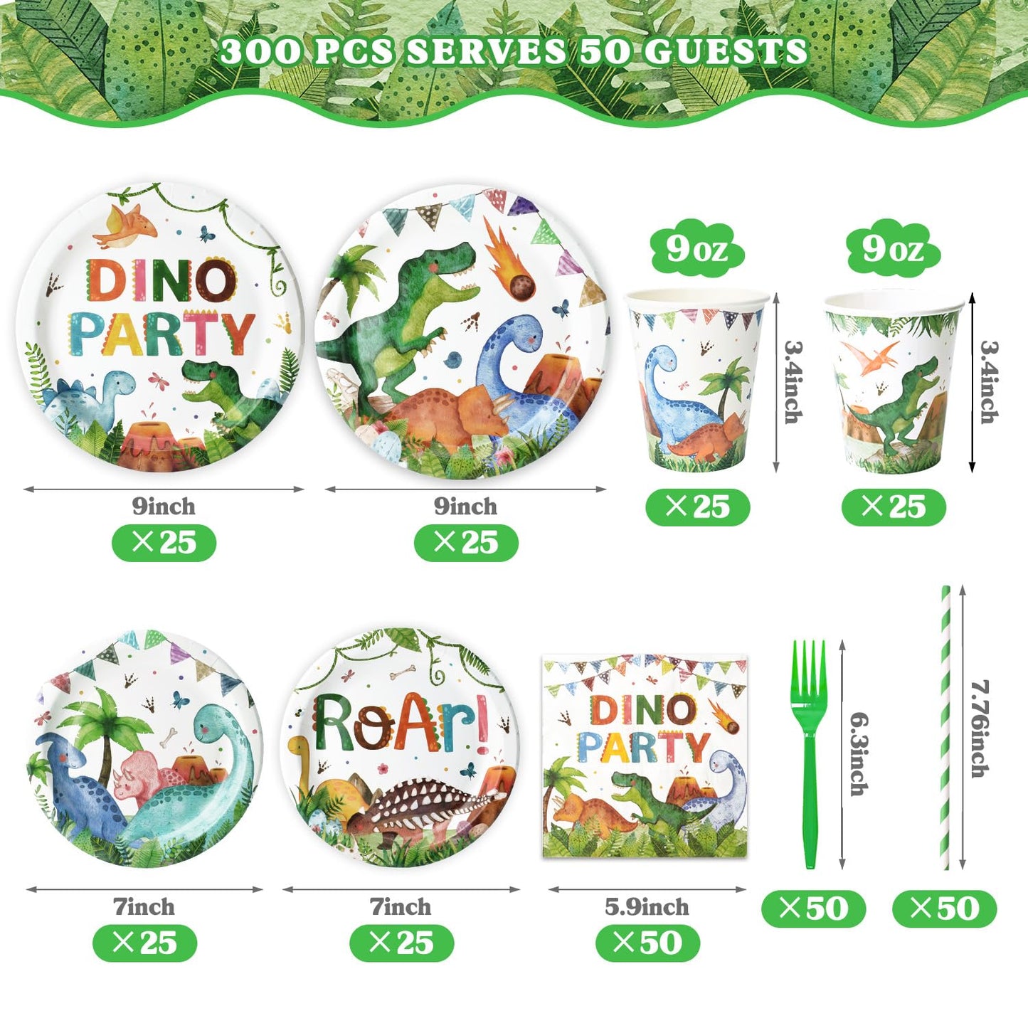 300 Pcs Dinosaur Plates and Napkins (Serves 50 Guests), Dinosaur Birthday Party Supplies Include Forks Cups Straws Tableware Set for Kids Party Decorations