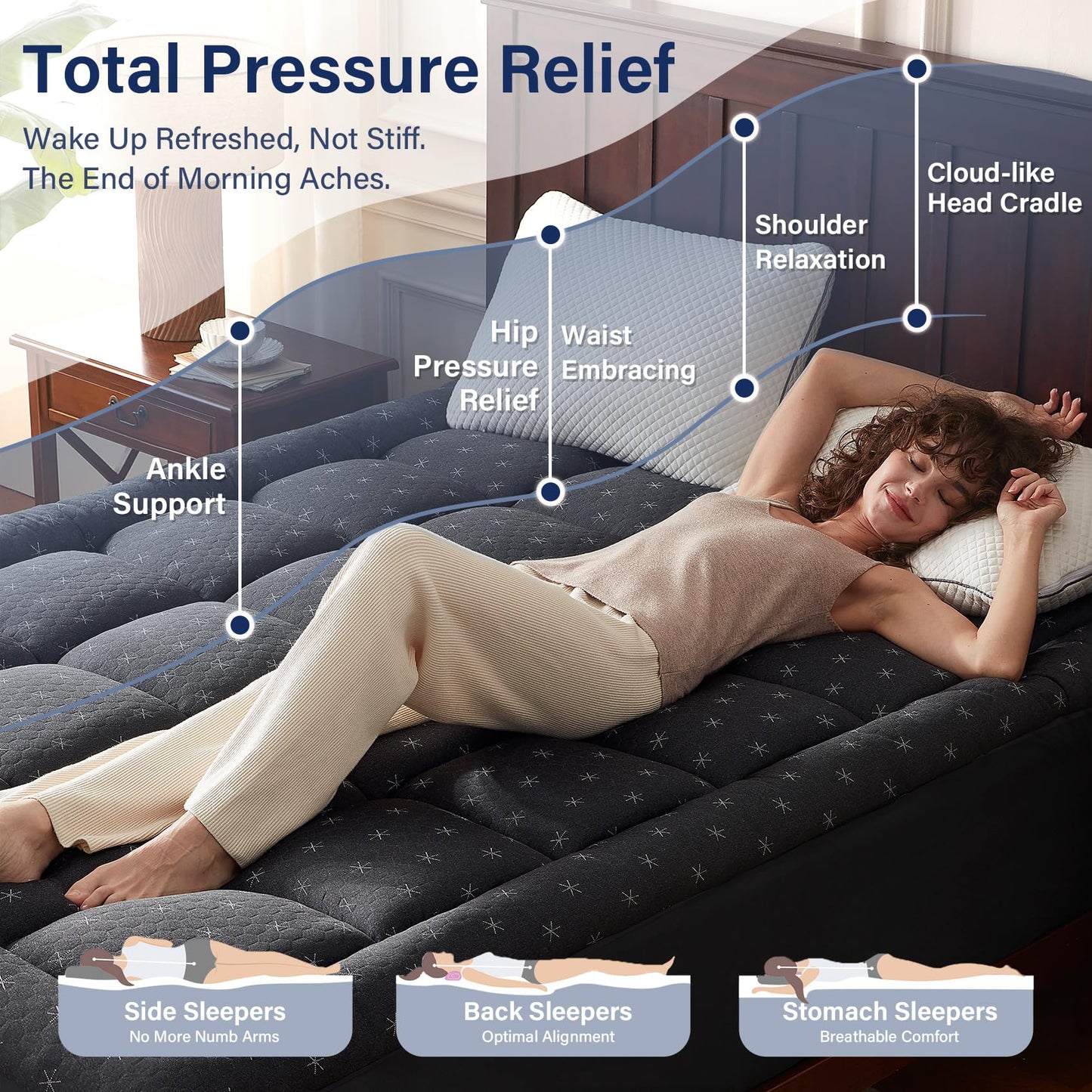 Anluoer Mattress Topper Queen Memory Foam for Back Pain,Down Alternative Pillow Top Mattress Topper,Thick Mattress Pad with 8-21" Deep Pocket, 60x80 Inches, Dark Grey