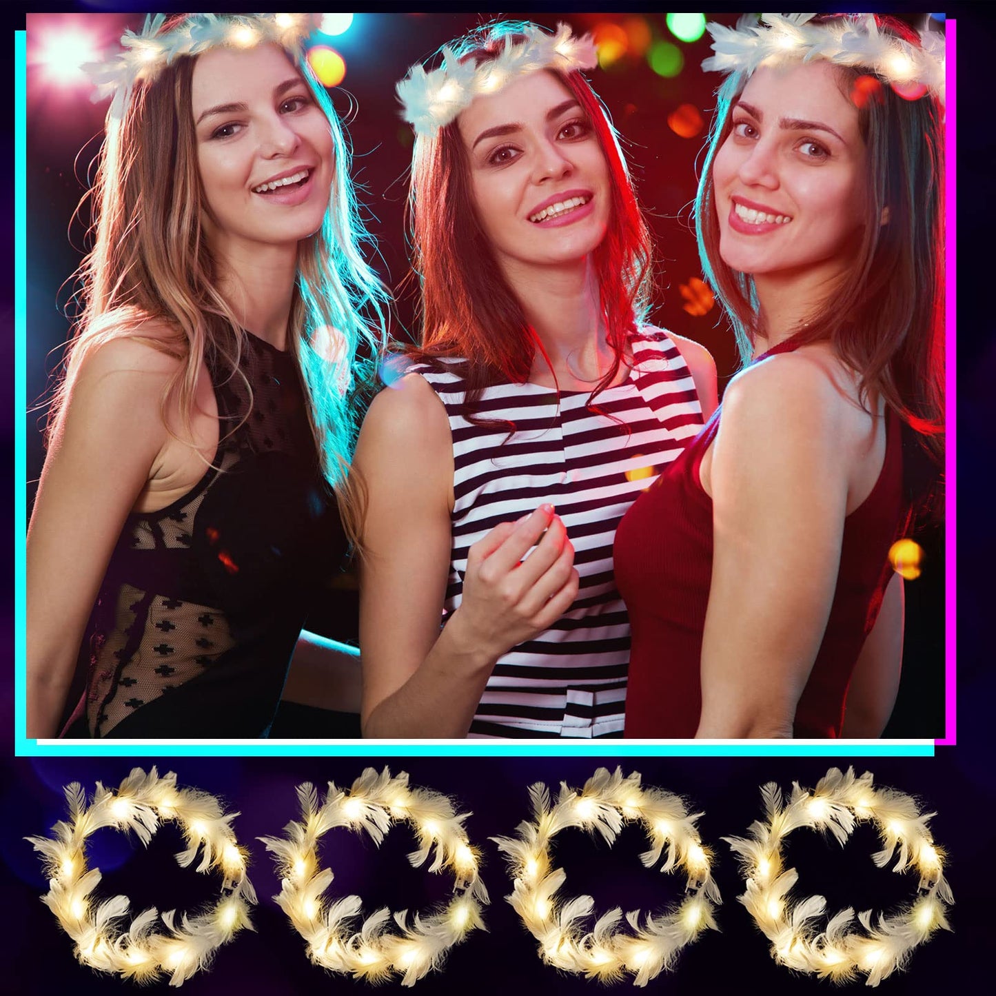 Taiyin 50 Pieces LED Feather Crown Headbands - Luminous Flashing Hair Accessories, Adjustable Light up Wreath for Women (Warm White)