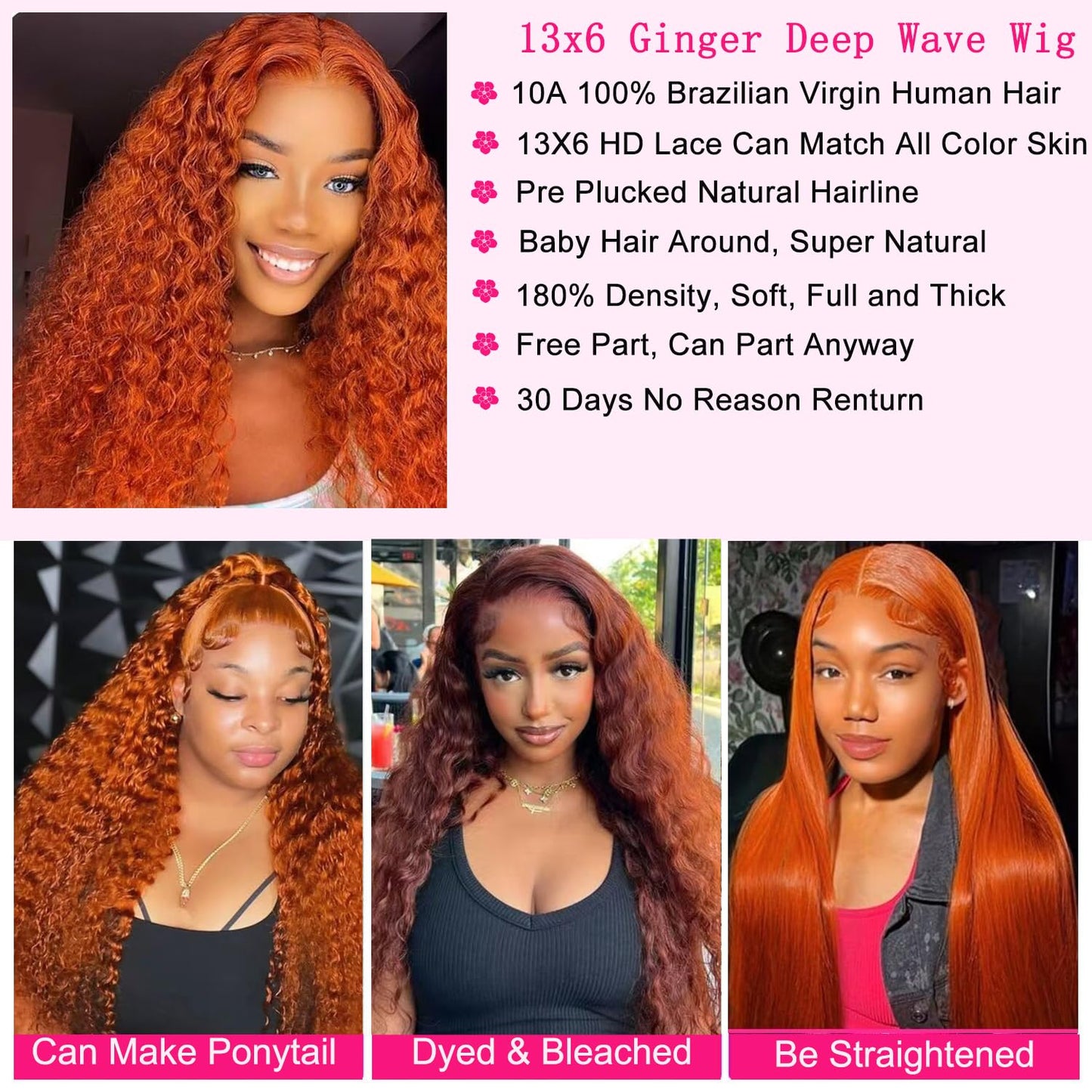 30 Inch Human Hair Lace Front Wig - Deep Wave, Curly & Wavy Styles - 13x6 Density - Orange Ginger Color
