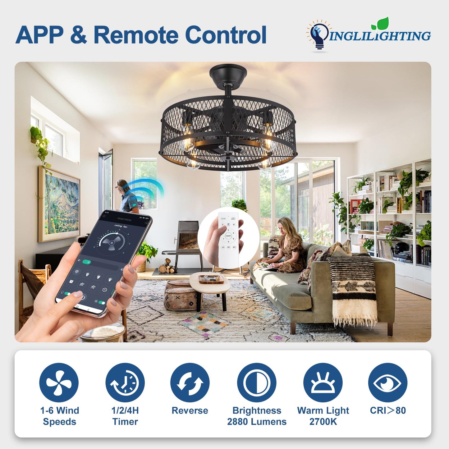 DLLT Caged Ceiling Fan with Light: 20" Farmhouse Fandelier with Lights and Remote & APP - Black Rustic Semi Flush Mount Bladeless Ceiling Fans Enclosed Fan for Bedroon Kitchen Living Dining Room