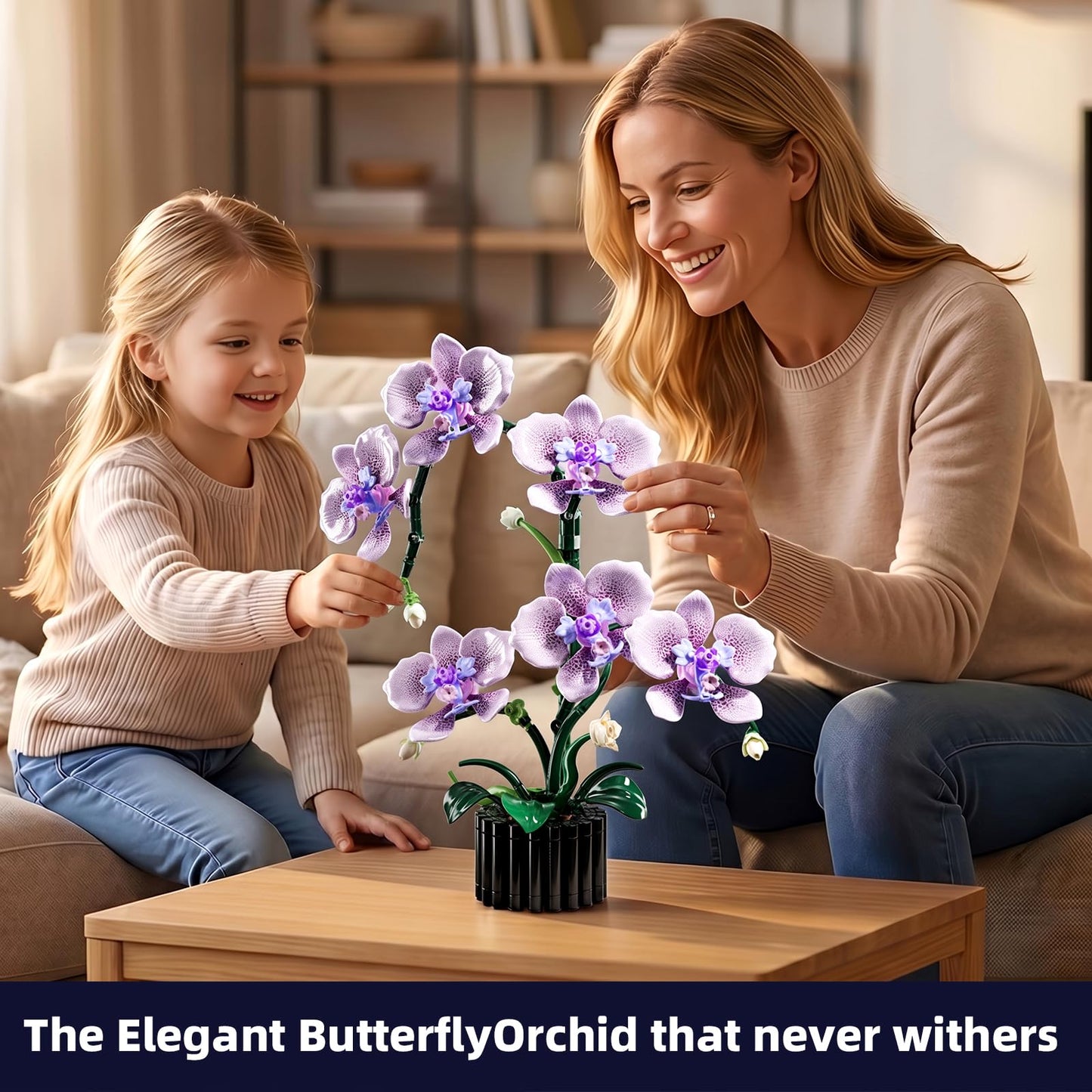 Ouepiano Artificial Orchid Building Set for Adults – 619PCS Flower Bouquet Kit, Lifelike Butterfly Orchid Potted Plant Model, DIY Home Office Desk Decor, No Watering Needed