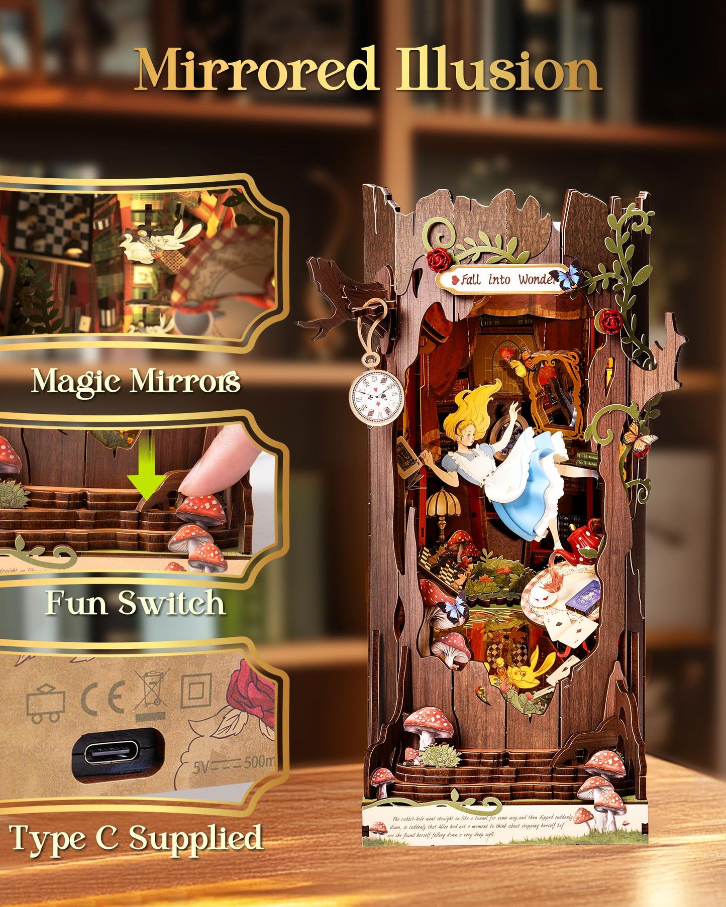 Rolife Book Nook Kit Fall into Wonder DIY Miniature Kit, 9.9" Tree Hollow Booknook 3D Wooden Puzzle with LEDs Fairy Tale Bookshelf Decor Gift for Adults & Teens