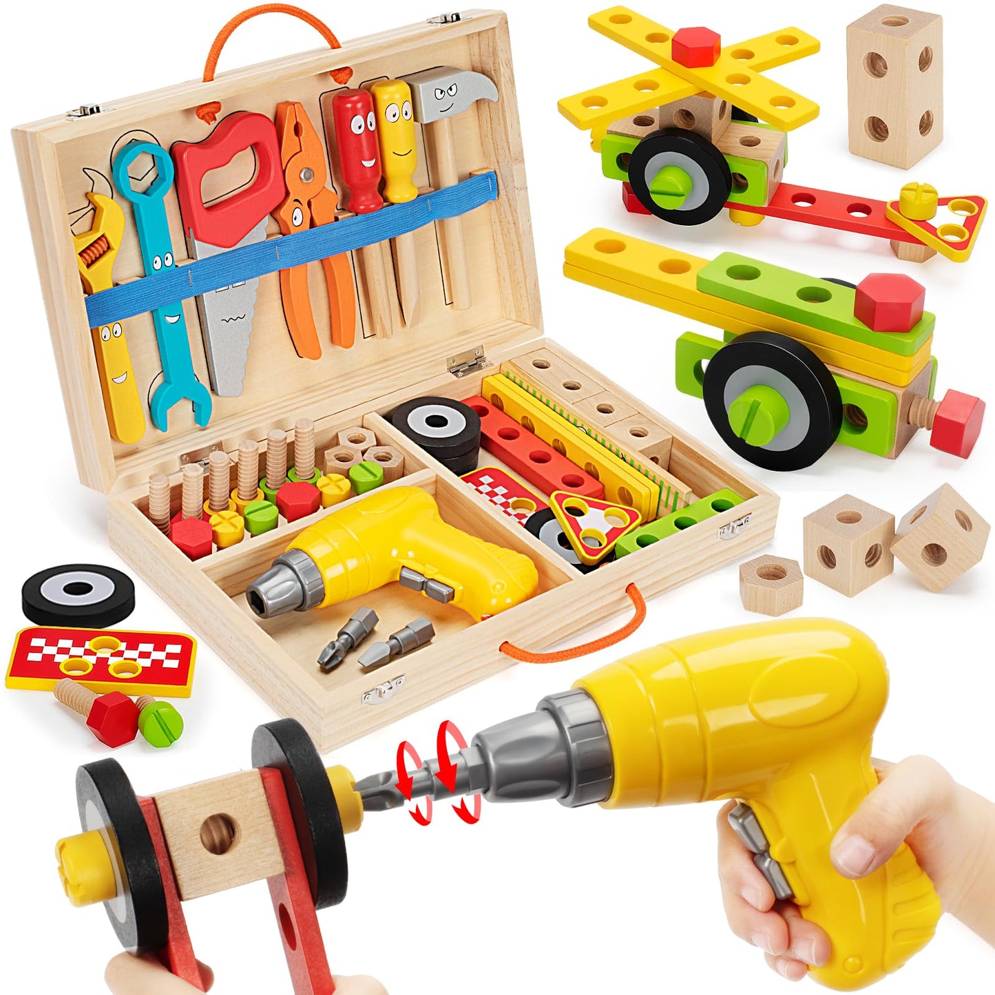 Kids Tool Set with Drill, Montessori Toys for 3 4 5 Year Old Kids, 44 Wooden Tool Kits for Toddlers, Box Included, Educational Building Toy