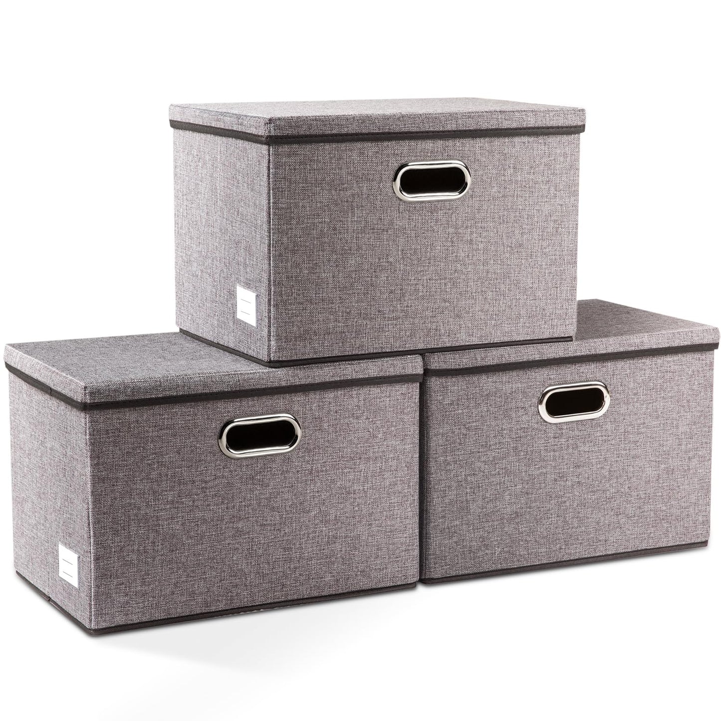 PRANDOM Large Collapsible Storage Bins with Lids [3-Pack] Linen Fabric Foldable Storage Boxes Organizer Containers Baskets Cube with Cover for Home Bedroom Closet Office Nursery (17.7x11.8x11.8)