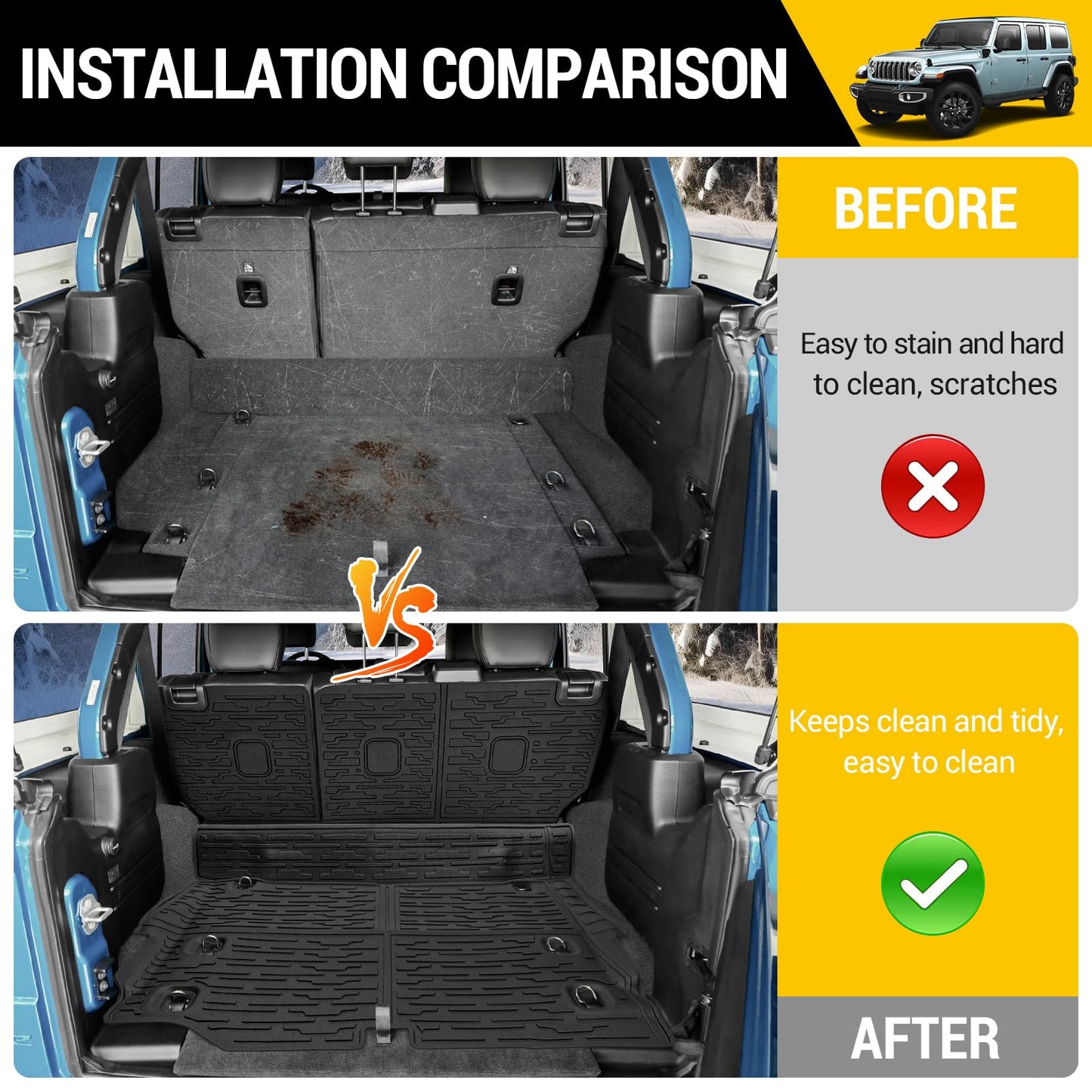 JTYZSM Cargo Mats with Net for 2021-2025 Jeep Wrangler JL Unlimited 4XE Accessories All Weather Protection Rear Seat Back Cover Trunk Liner Cargo Net for 21-25 JL JLU 4XE 4 Door(Not for 4X4)