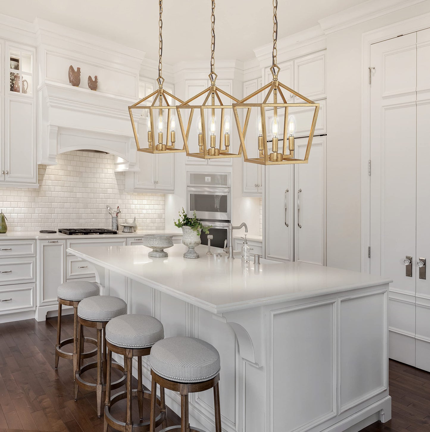 JONATHAN Y JYL7601B 10" 3-Light Farmhouse Pendant Lantern, Brass Gold Pagoda Cage Chandelier for Kitchen Island, Foyer, Entryway, Rustic Adjustable Hanging Ceiling Light Fixture, LED Bulbs Included
