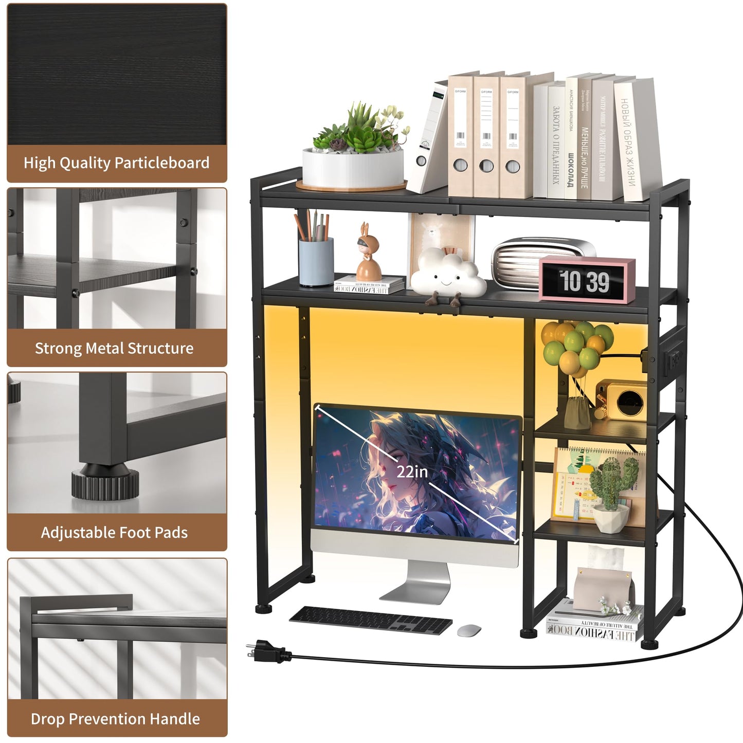 Aetheris Desktop Organizer Shelf, 30" Wooden Office Storage Rack with Outlets, Display Shelf Rack with Light Strip, 5 Tier Desktop Display Rac, Desk Shelf, Desk Hutch for Computer Monitor (Black)