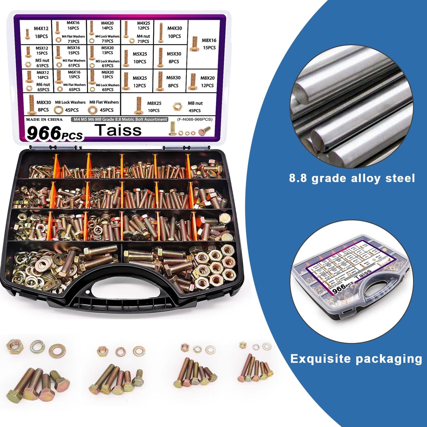 Taiss 966pcs Grade 8.8 Metric Bolt Assortment,Metric Bolts and Nuts Assortment,Bolt Kit M4 M5 M6 M8(12-30mm) Heavy Duty Hex Bolts and Nuts Kit Flat/Lock Washer Yellow Zinc Plated,with Handheld Box