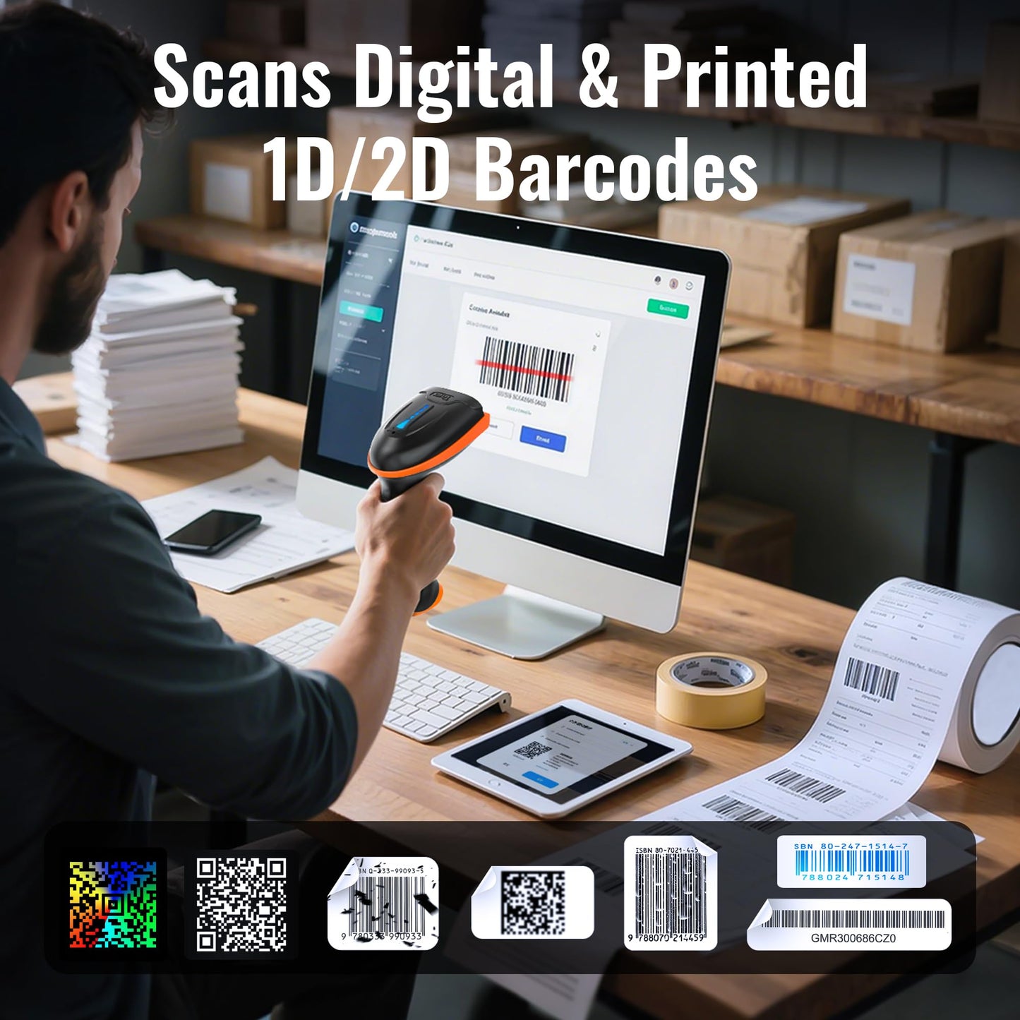 Tera 1D 2D QR Barcode Scanner Wireless and Wired with Battery Level Indicator Digital Printed Bar Codes Reader with Stand Portable Handheld Barcode Scanner Compact Plug and Play Model D5100-Z
