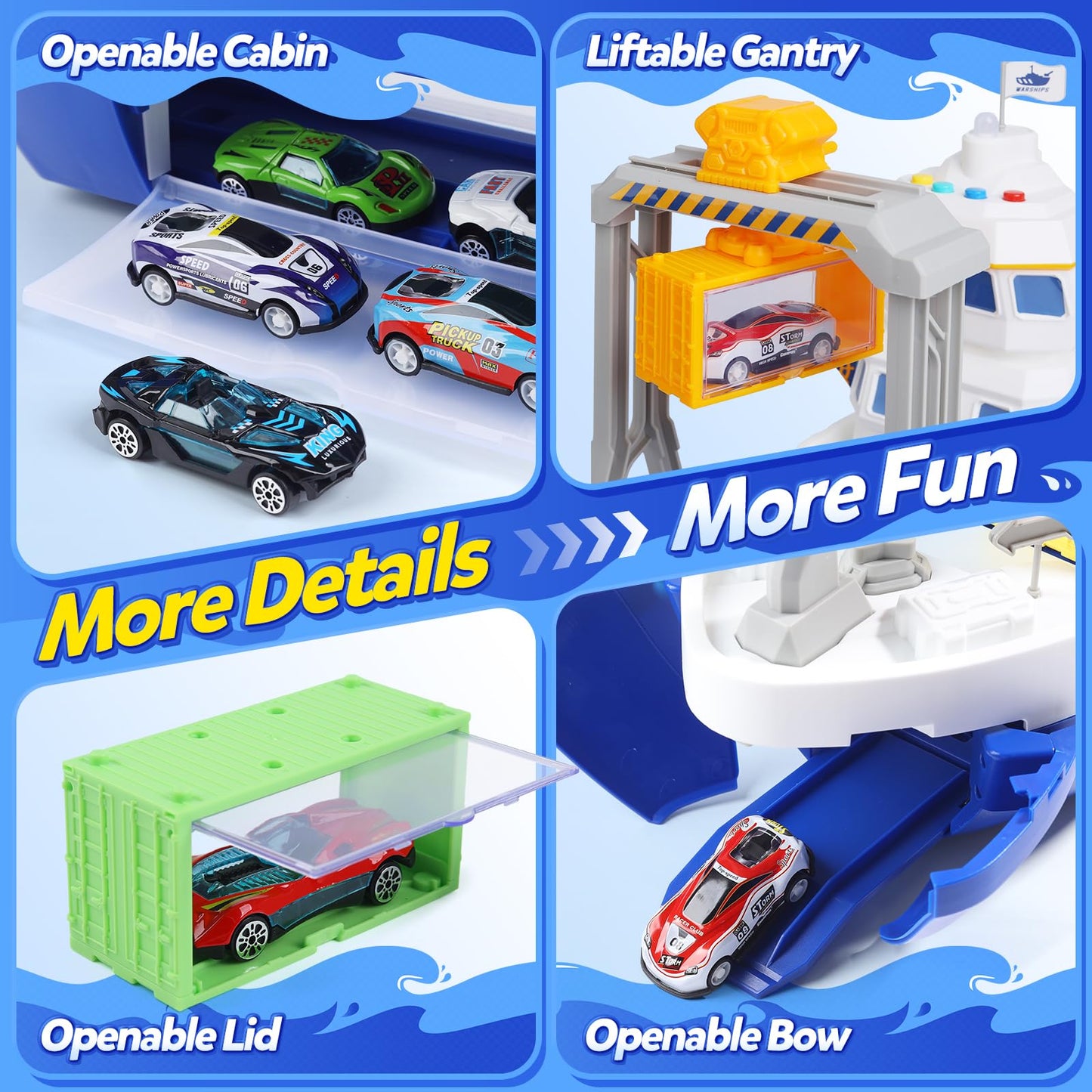 CUTE STONE Cargo Ship Toy & Gantry Crane, Toy Boat and Crane Playset with Sounds & Lights, Transport Containers, Push and Go Vehicle Cars, Kids Play Boats for Boys Girls