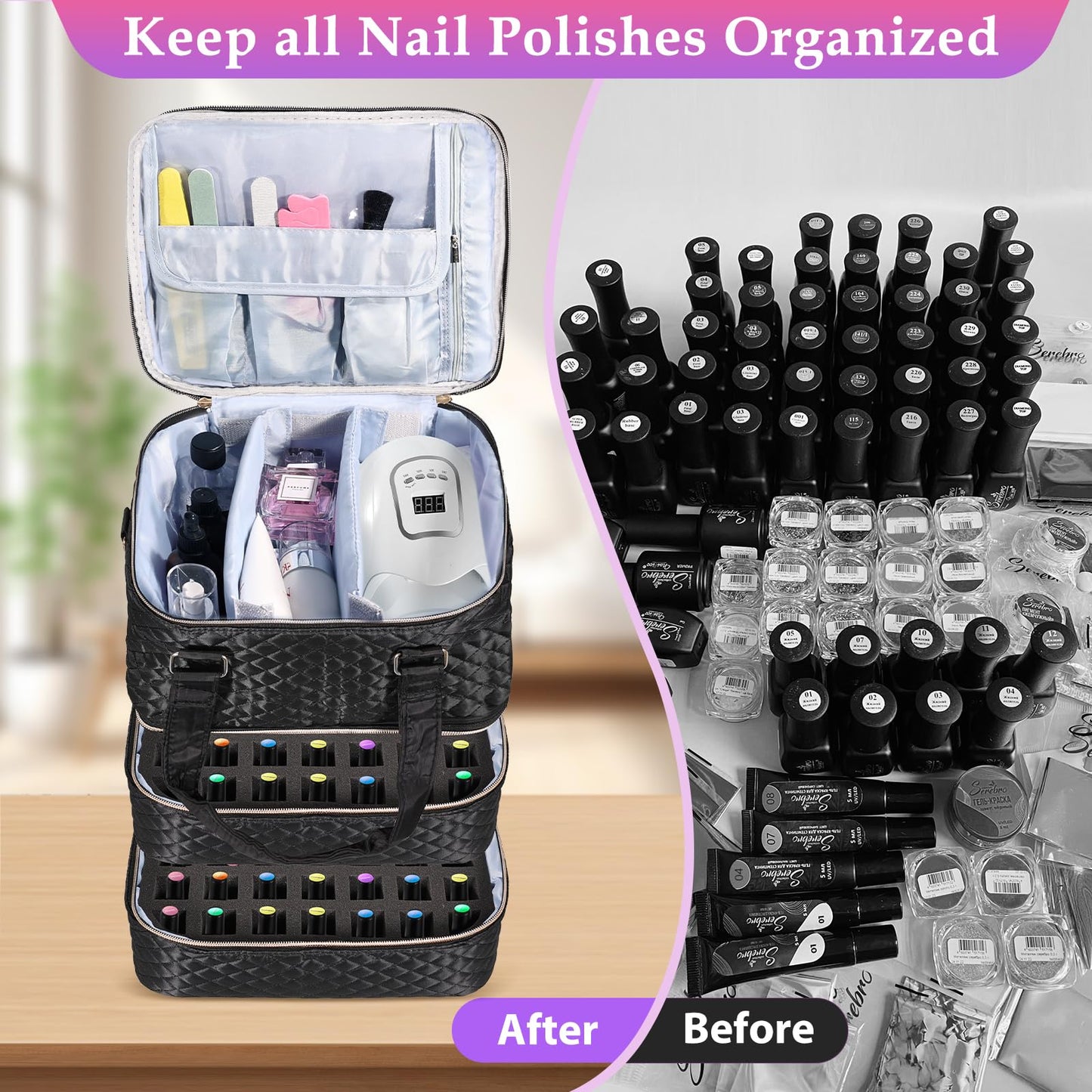 YUYAFN Nail Polish Organizer Case - Holds 84 Bottles Nail Polish & Nail Lamp Large Nail Polish Organizer Bag for Manicure Tools, Nail Polish Kit (Black)