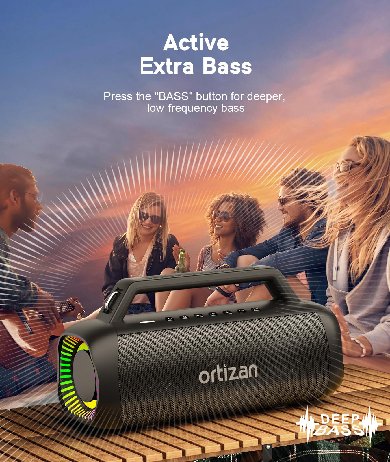 Ortizan Portable Bluetooth Speaker Loud, 80W Peak, Bass Up, 24H Playtime, IPX7 Waterproof, RGB Lights, Wireless Stereo Pairing, BT5.3, USB-C, Subwoofer Outdoor Speaker for Camping, Beach, Backyard