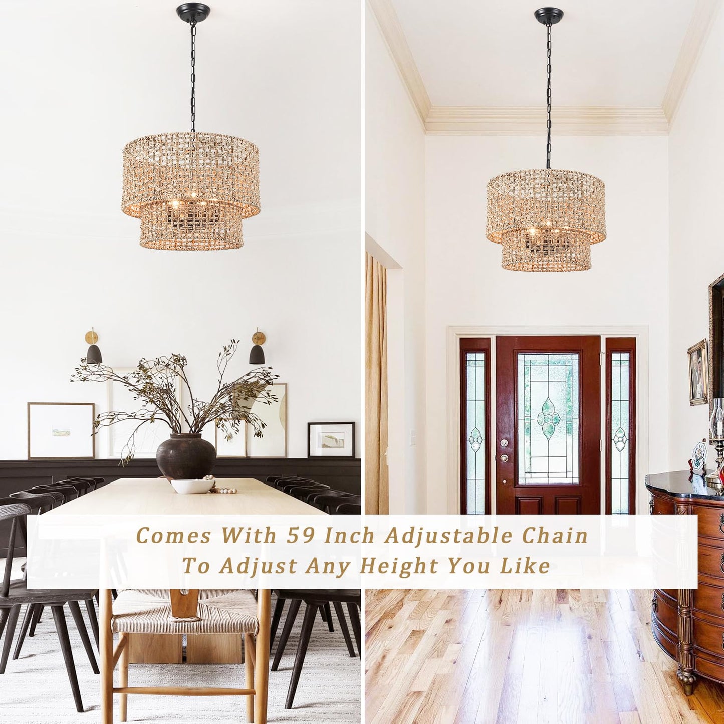 18.9" Rattan Farmhouse Chandelier 5-Light Large Boho Wicker Pendant Light Fixtures Hanging Coastal Drum Lighting Hand 2 Tier Woven Chandeliers for Living Room Dining Room Kitchen Island Foyer Entryway