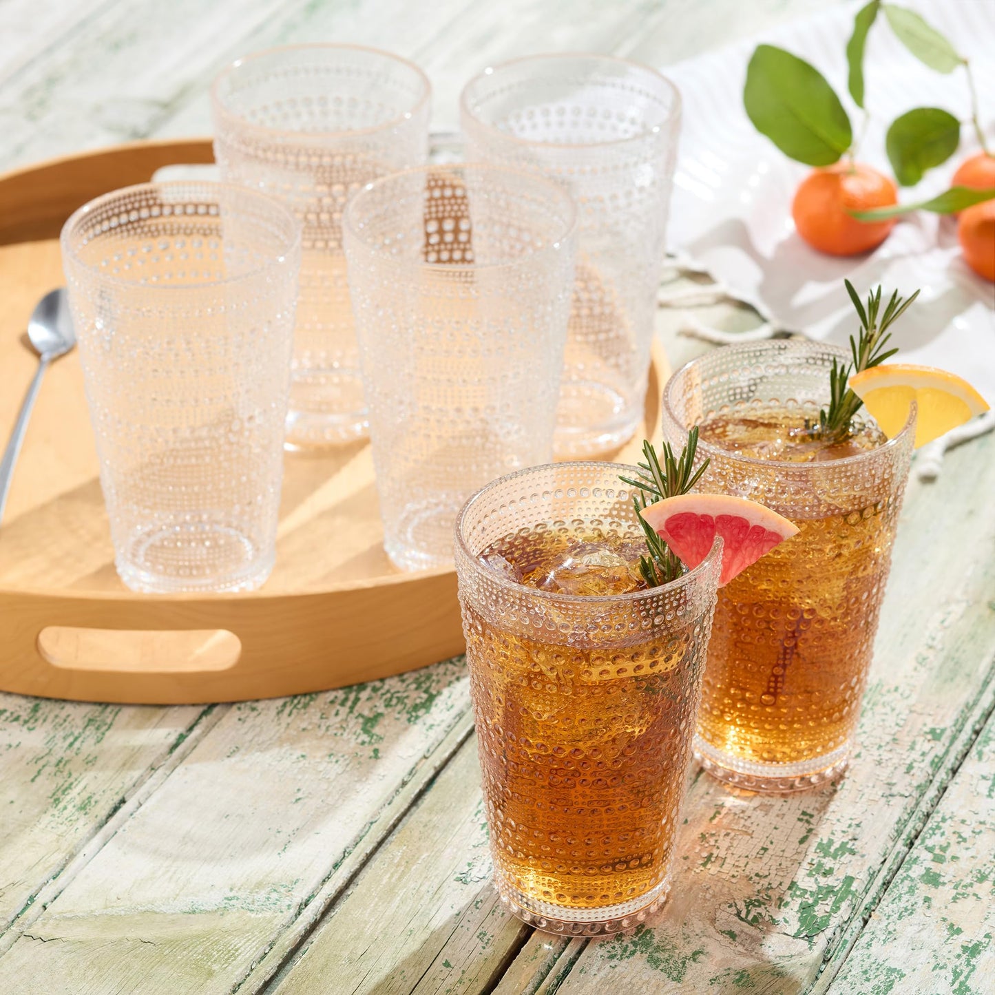 Santa Fe Clear Set of 6 Premium Acrylic Ice Tea Glass 22 oz – Unbreakable Drinkware with Textured Bubble Design, Shatterproof Tumblers for Indoor & Outdoor Use