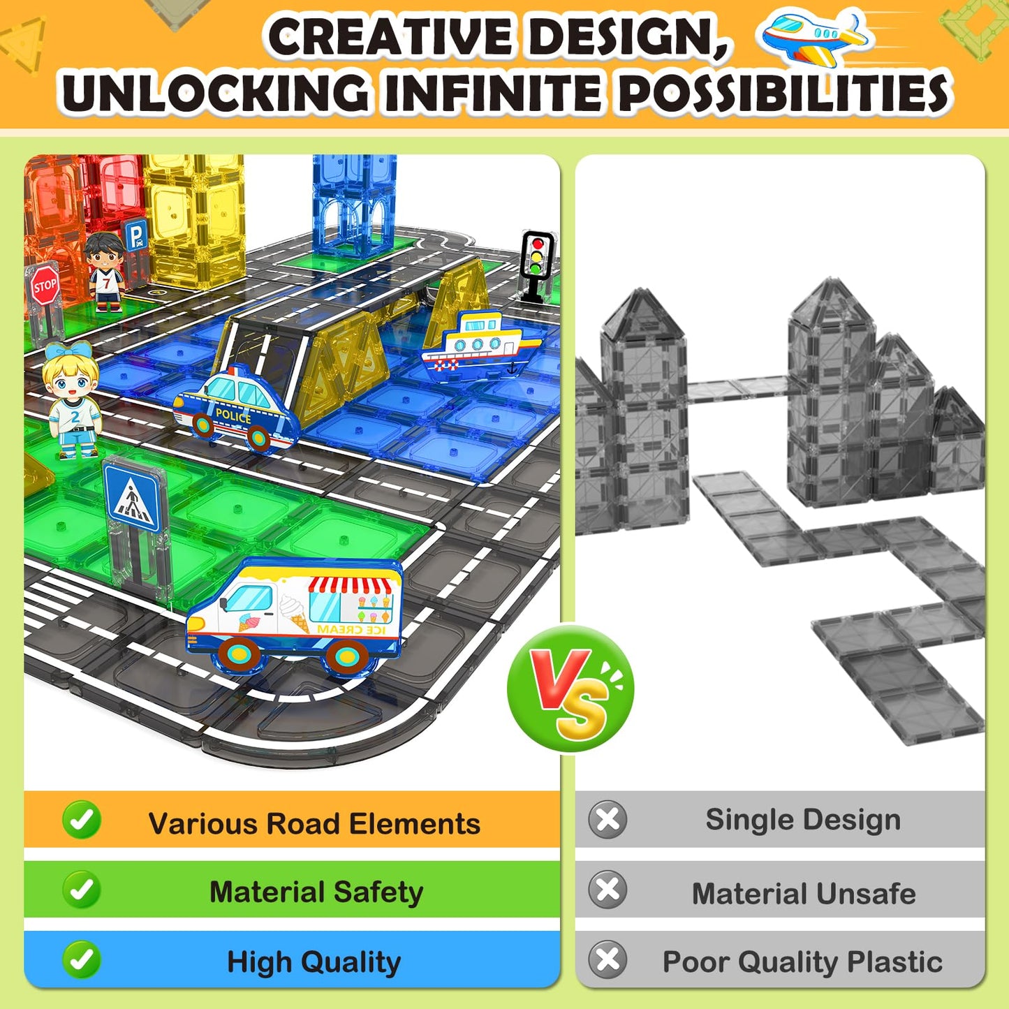 IGIVI 104 PCS Magnetic Tiles Road Set, STEM Magnet Building Blocks for Kids Toddler Toys Games, Christmas Birthday Gifts for 3+ Year Old Boys Girls, Car Enthusiasts and Classroom Must Haves
