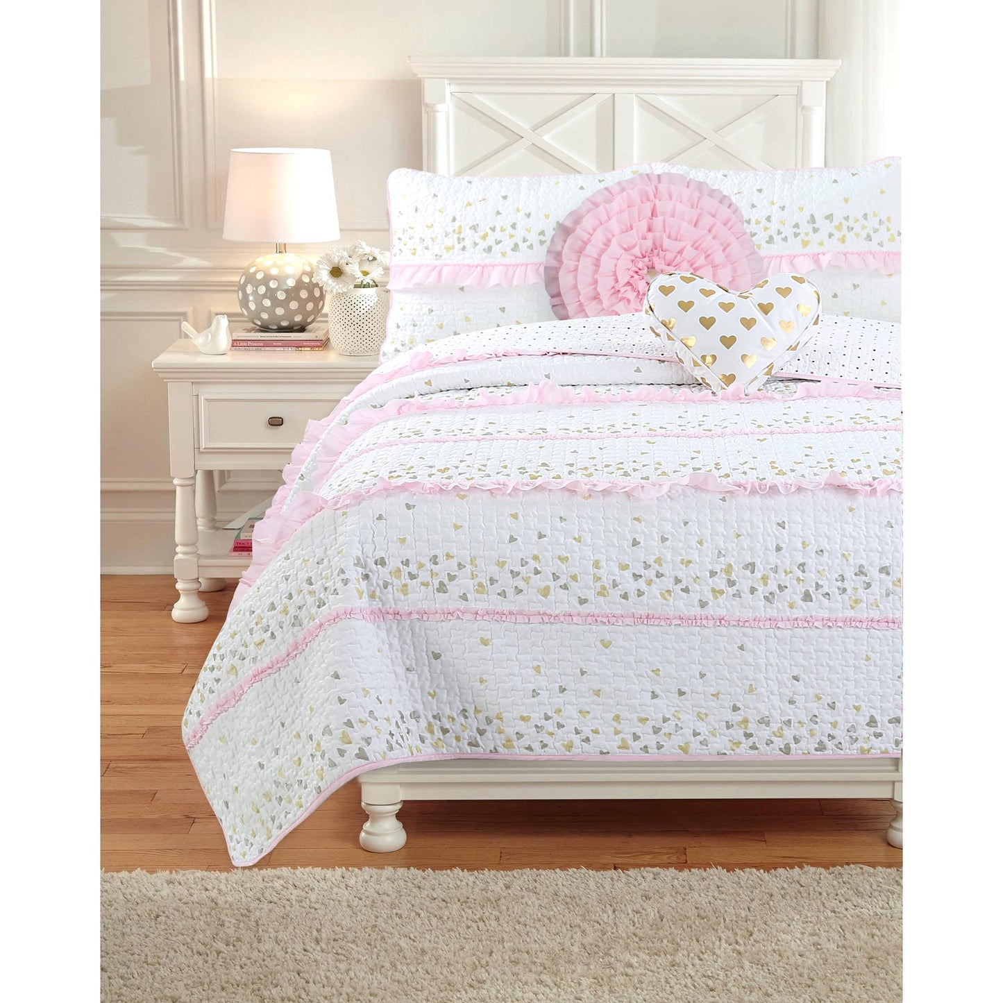 Cozy Line Home Fashions Pink Ruffle Metallic Printed Sweet Heart Polka Dot Girl Cotton Reversible Quilt Bedding Set, Coverlet, Bedspreads (Sparkling Hearts, Twin - 2 Piece)