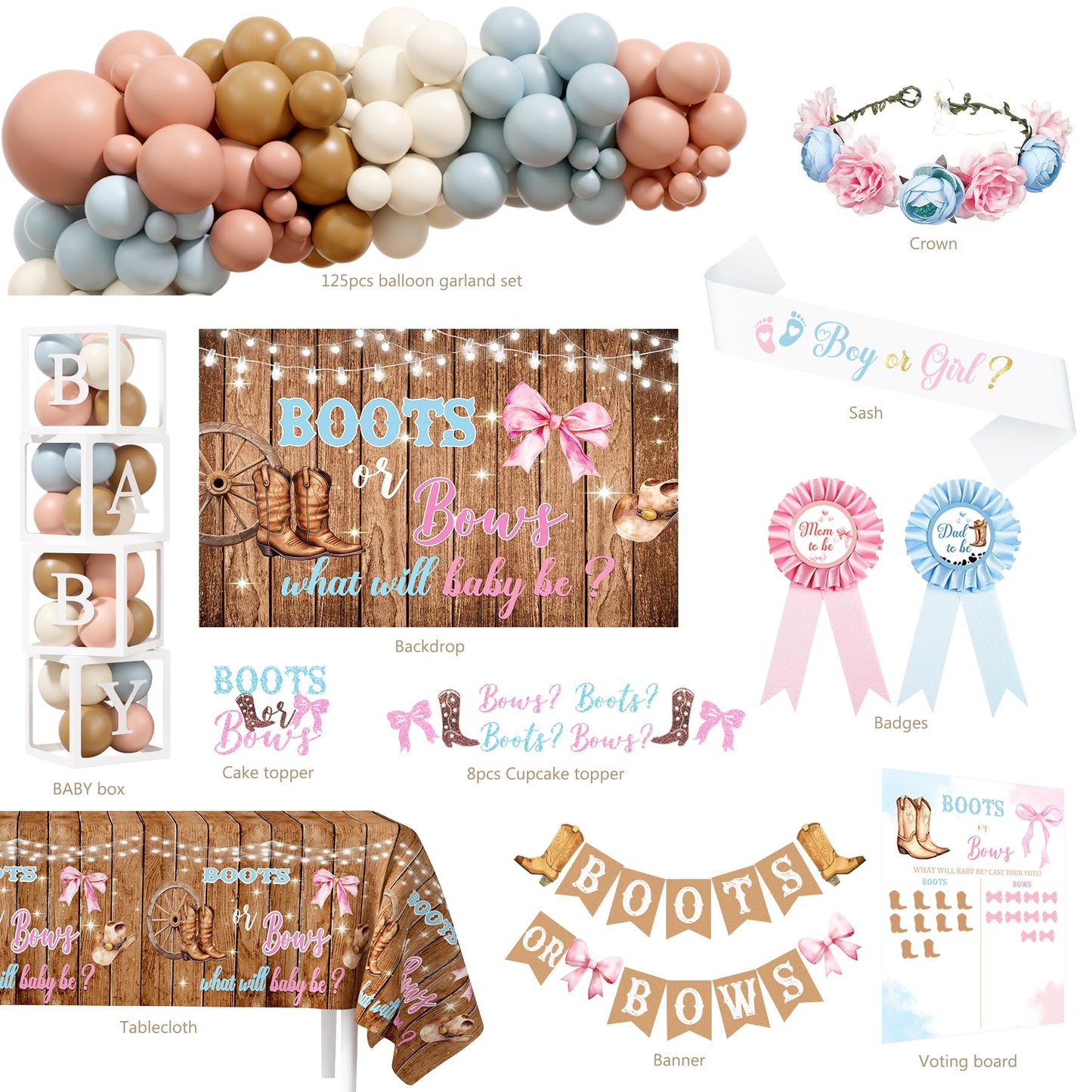 Boots or Bows Gender Reveal Decorations, 206pcs Boy or Girl What Will Baby Be Gender Reveal Party Supplies，Western Themed Cowboy or Cowgirl He or She Baby Shower Decoration
