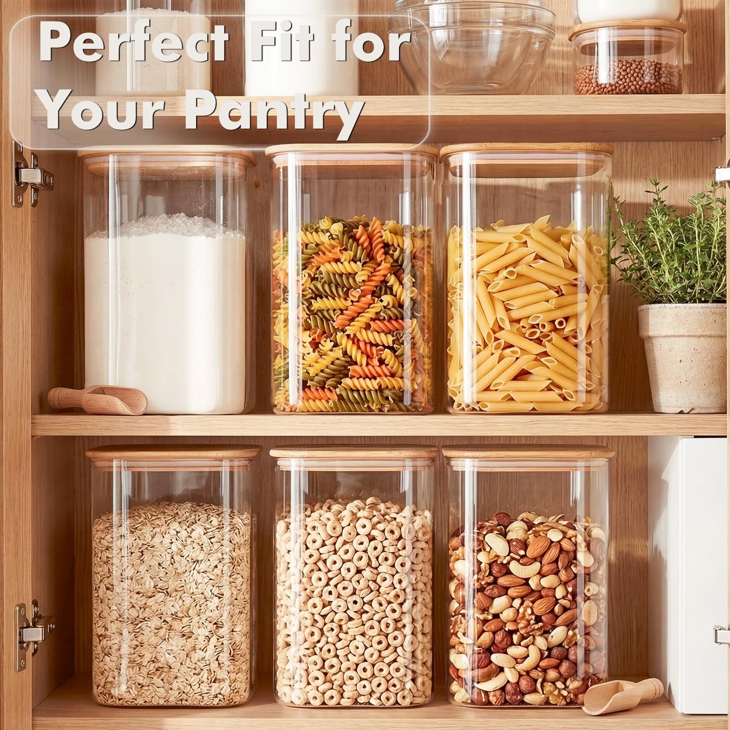 Xoniwis 2-Pack 4.6Qt Large Glass Flour Sugar Storage Containers with Bamboo Lids, Wide-Mouth Food Jars with Measuring Cups for Baking, Gallon Glass Storage Pantry Jars for Sugar, Flour, Rice, Oats