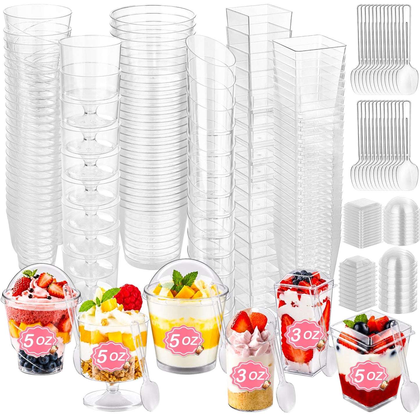LifeisLuck 435 PCS Plastic Dessert Cups with Lids and Spoons, 5 oz and 3 oz Mini Clear Shooters Cups for Desserts, Appetizer, Ice Cream, Pudding, Jelly, Fruit, Mousse