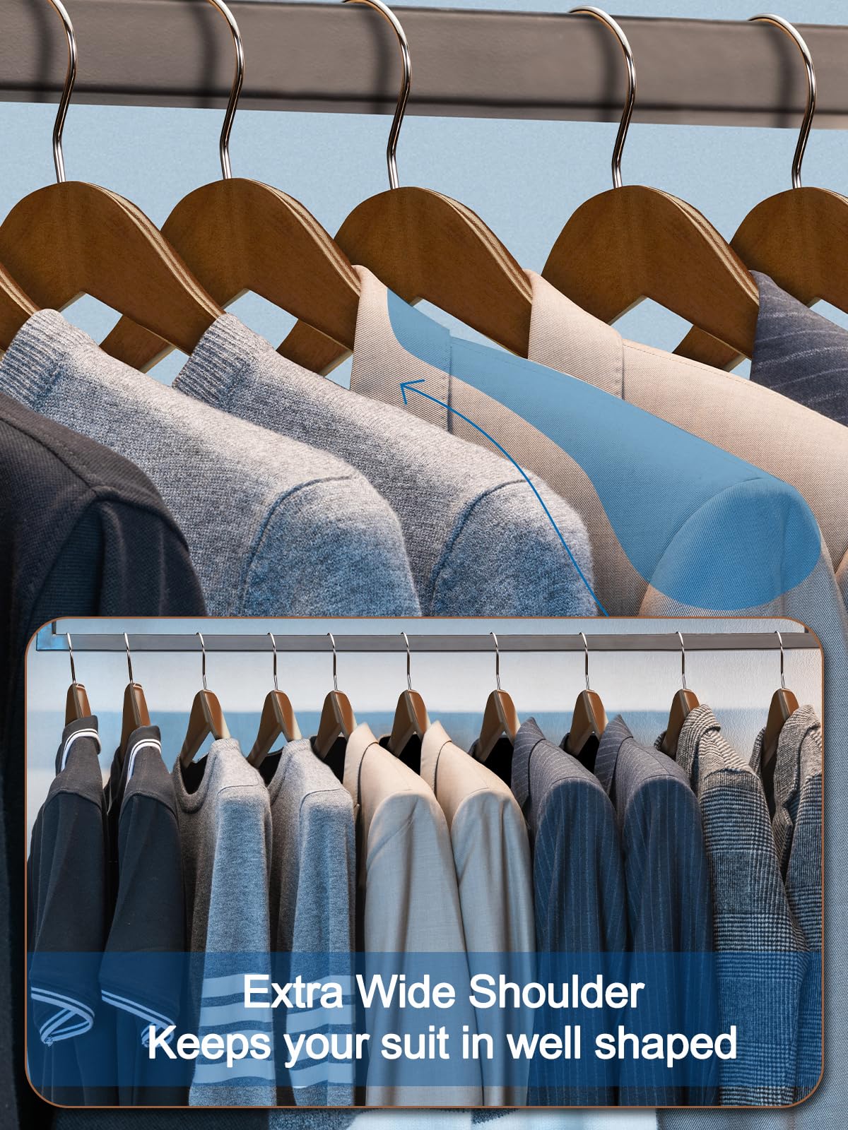 HOUSE DAY 19'' Extra Wide Shoulder Wooden Hangers 6 Pack, Premium Large Wood Suit Hangers with Non Slip Pant Holder, Wide Shoulder Hangers for Suits, Coats, Jackets, Heavy Wide Clothes Hanger, Walnut